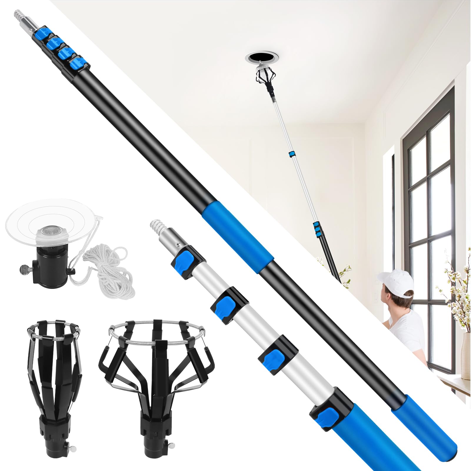 26 Ft Reach Light Bulb Changer For High Ceilings,20Ft Telescopic Extension Pole For High Ceilings And Recessed Lights,High Reach