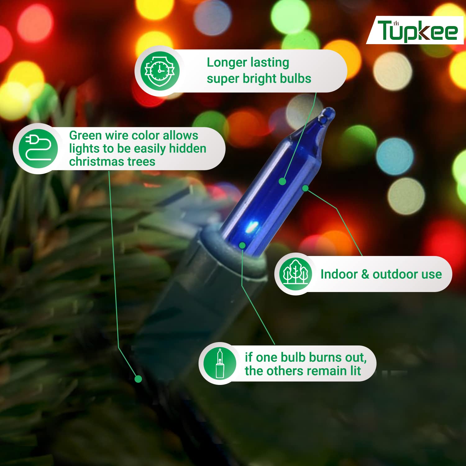 Tupkee Christmas Twinkle Lights - 20.5ft Indoor/Outdoor, 100 Multi-Color Bulbs, Model HWO, Plastic Decor