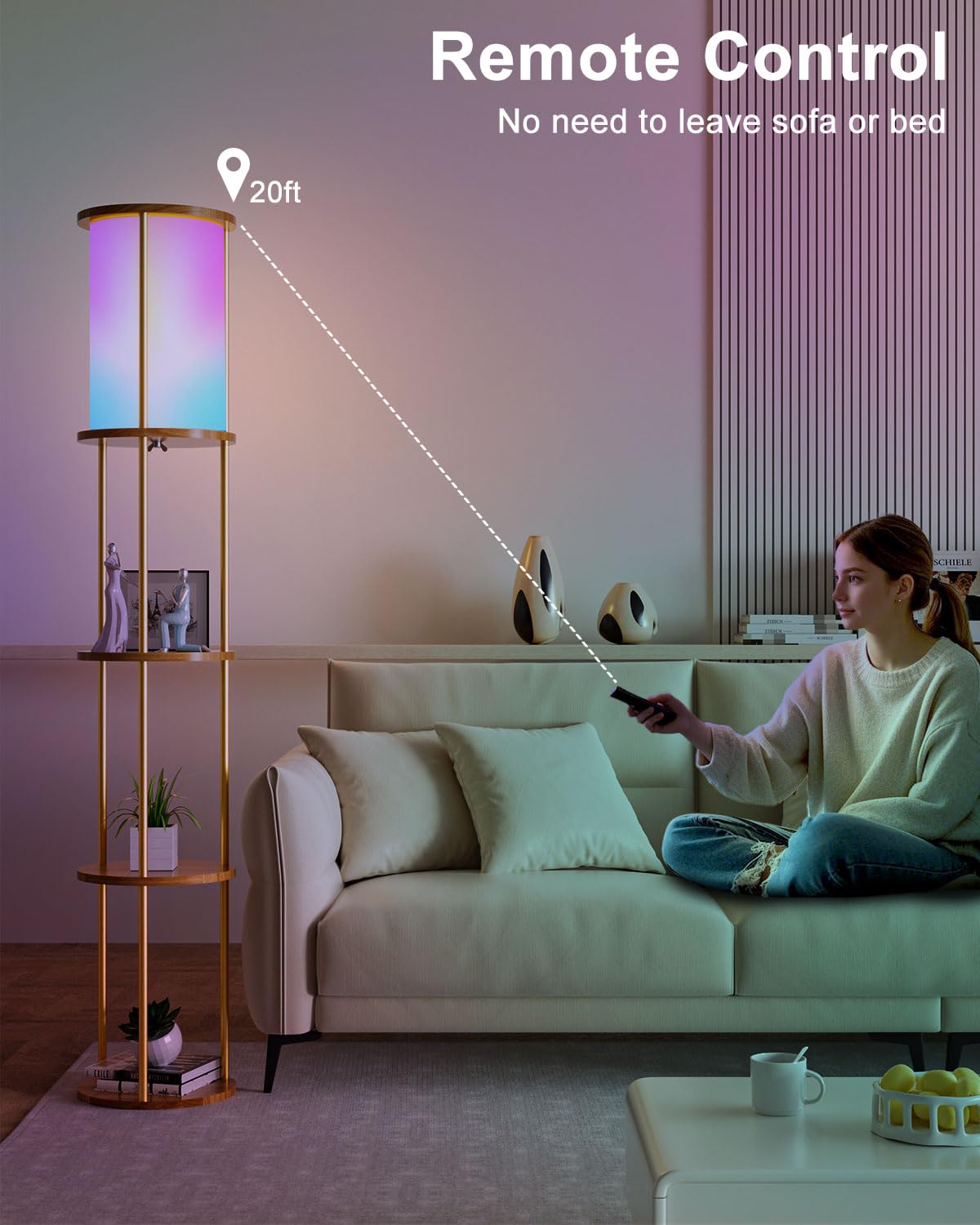 Lightdot 61 RGB Floor Lamp with Shelves - 3-Tier Storage Smart Remote Control Standing Lamp with Fabric Lampshade, E26 Bulb Incl