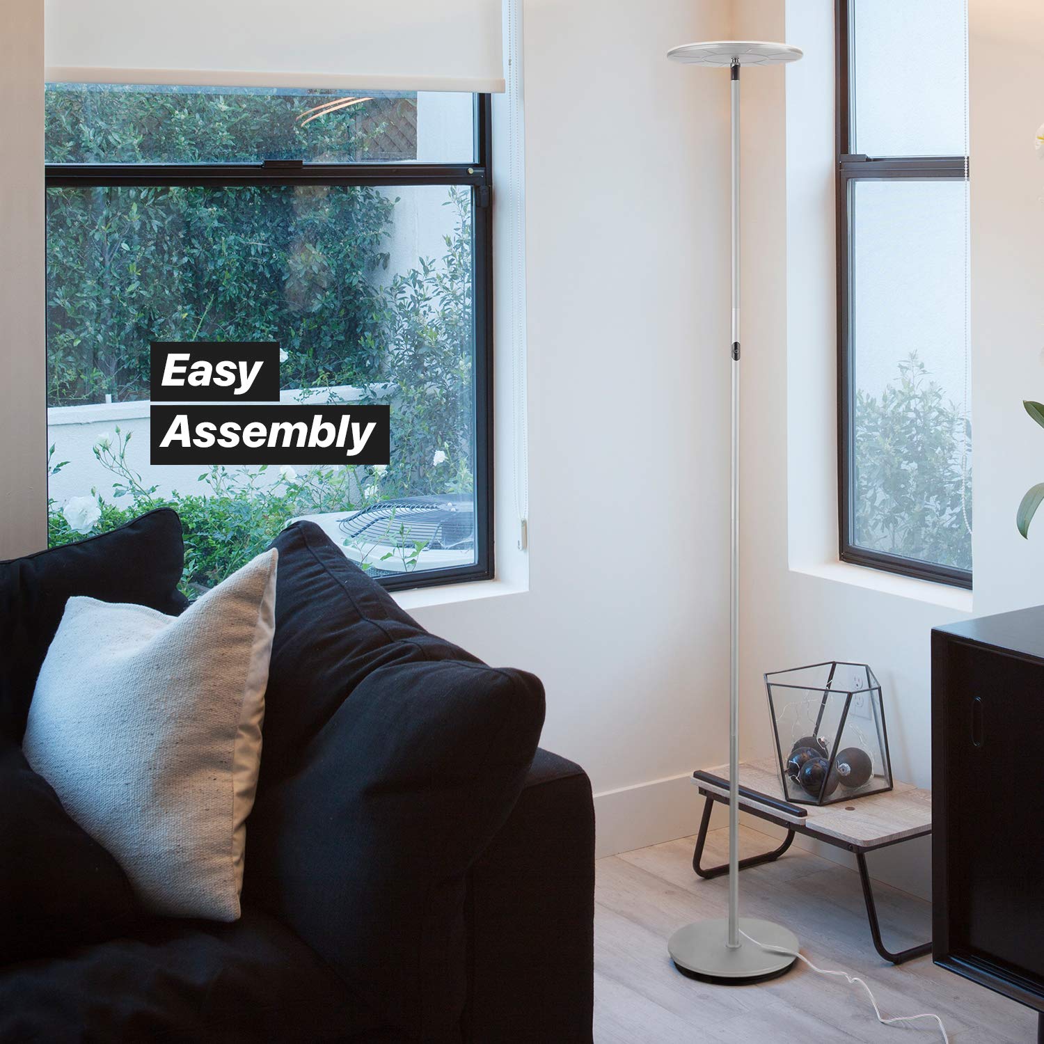 Brightech Sky Flux Dimmable LED Floor Lamp - Silver, Metal, 3 Light Options, Tall Torchiere for Living Room and Bedroom