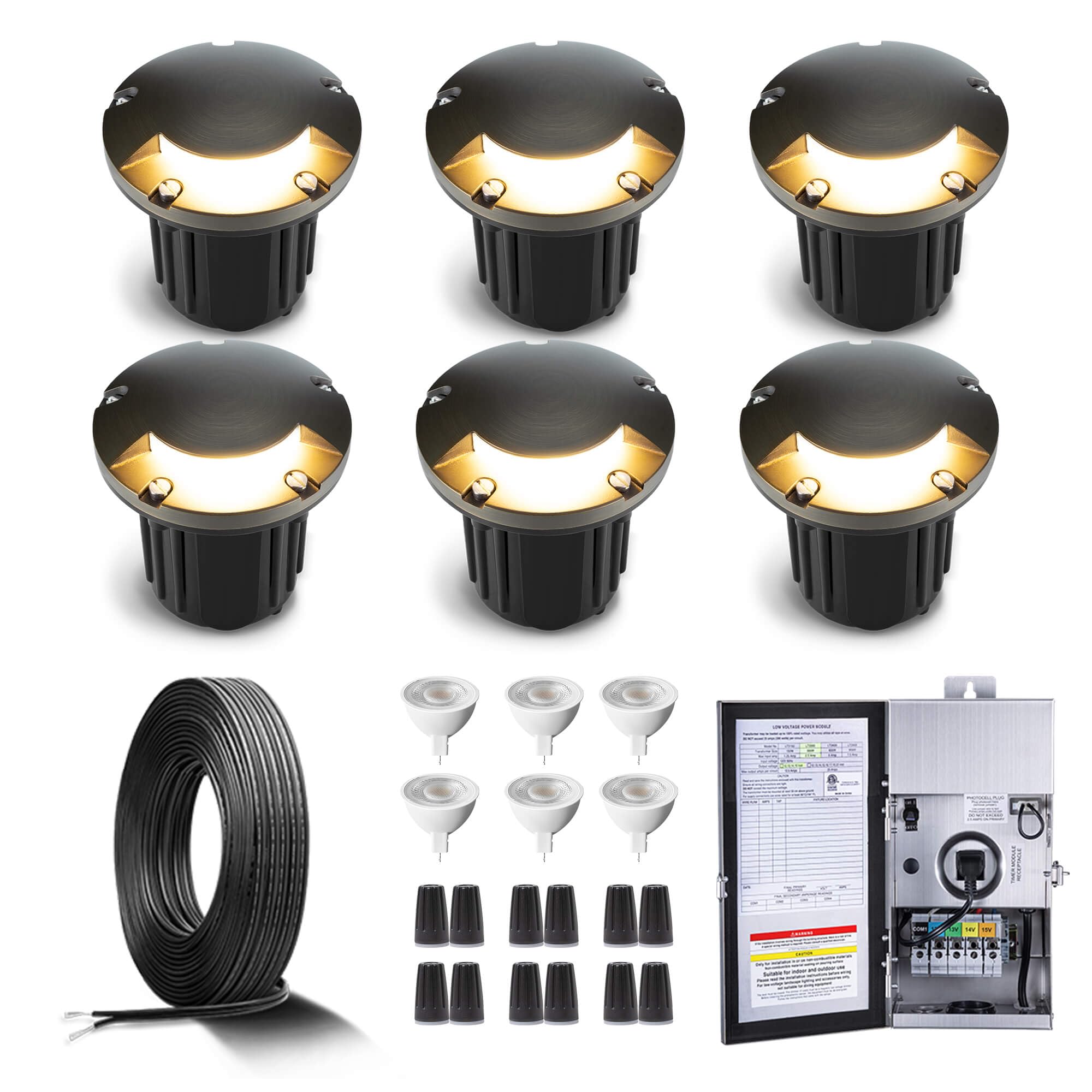 Gardenreet Brass In Ground Lights Kit(6 Pack) with 150W Low Voltage Transformer & MR16 Bulb & 100Feet Wire & Connectors, 12V LED