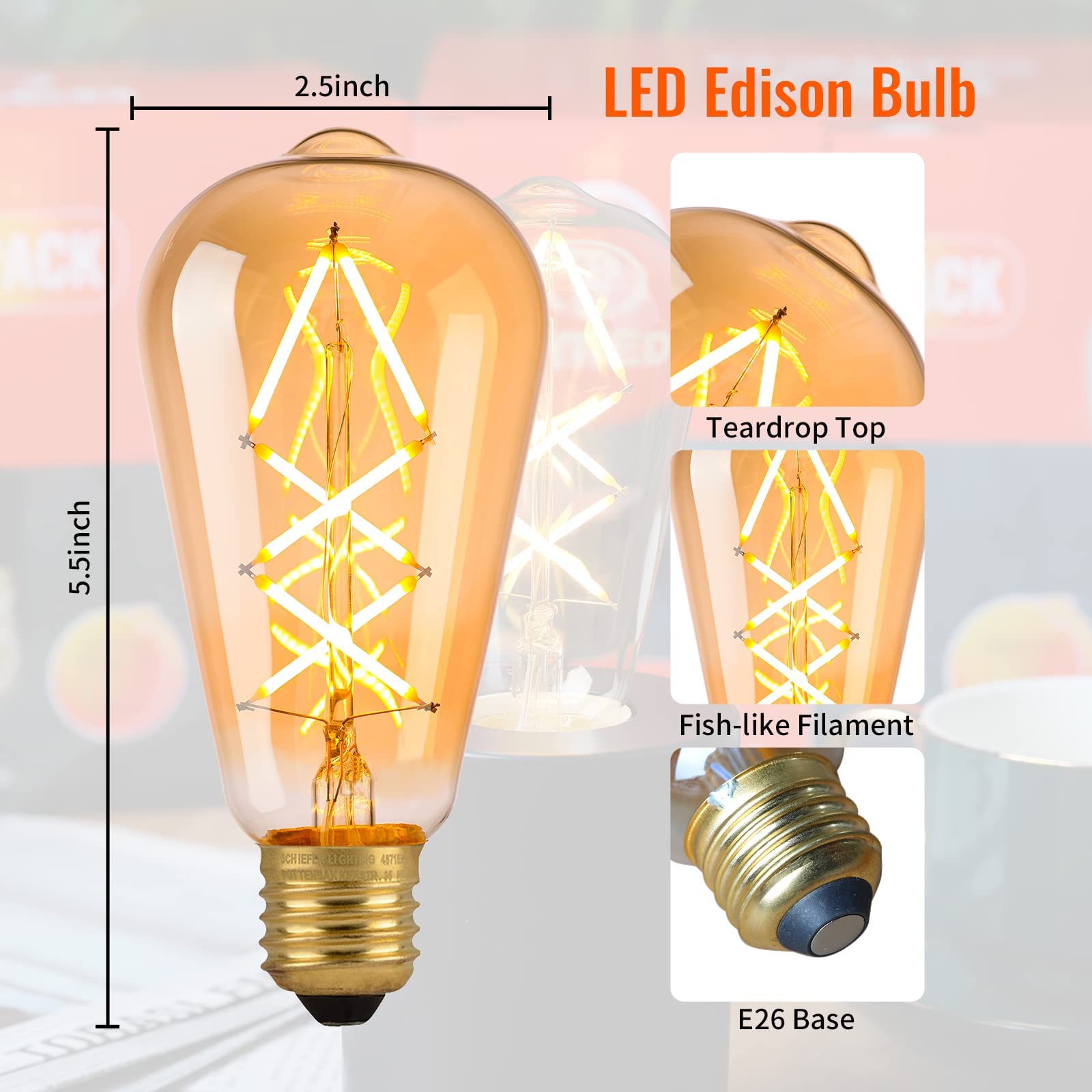 Omed Led Edison Light Bulb 18 Pack, Dimmable Vintage Style Amber Glass Criss-Cross Filament Led Bulbs, 60 Watt Equivalent 2700K
