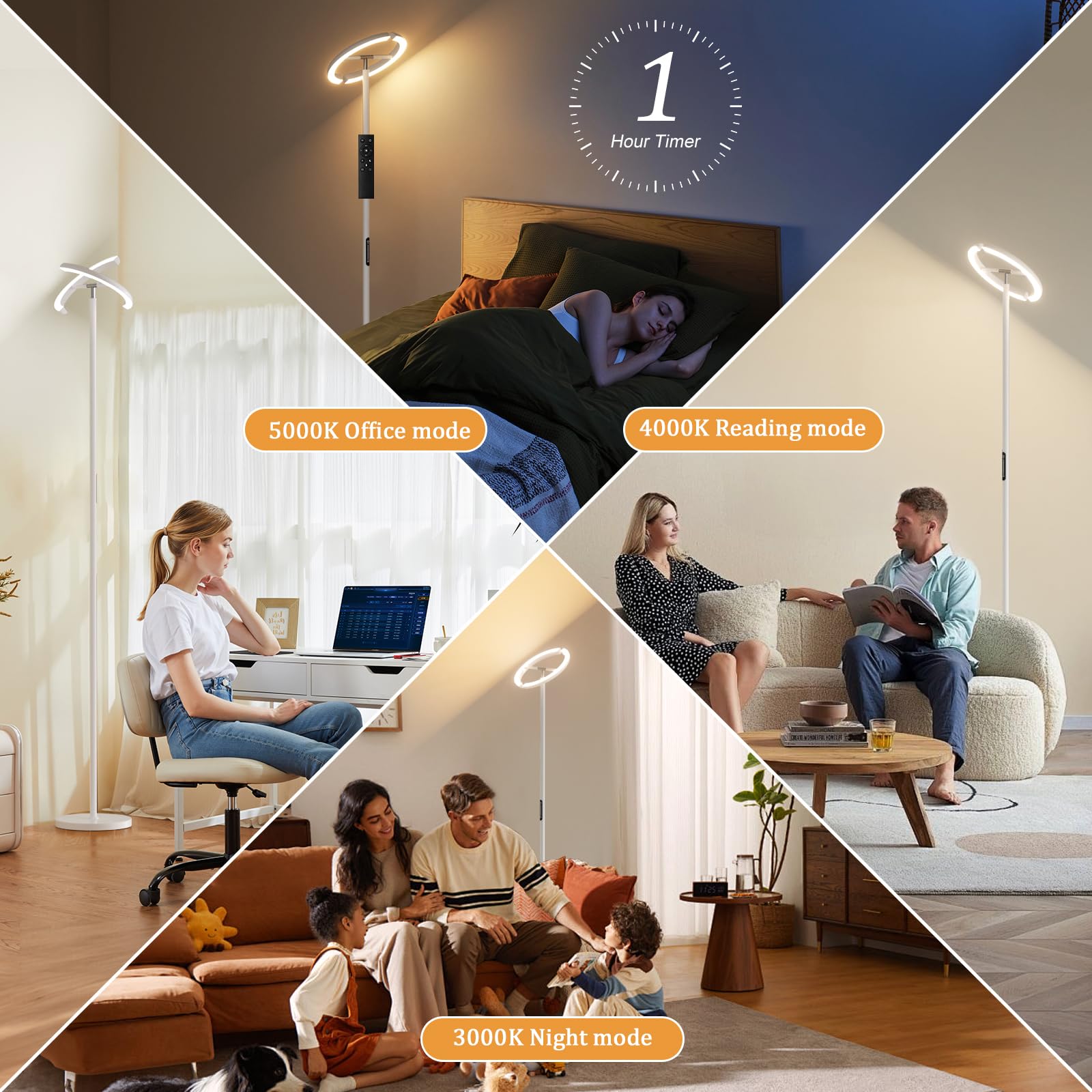 Preeotti Led Floor Lamp - 73.6'' Tall Modern Standing Lamp With 2 Rotatable Lights, Remote & Touch Control, 36W Bright Stepless