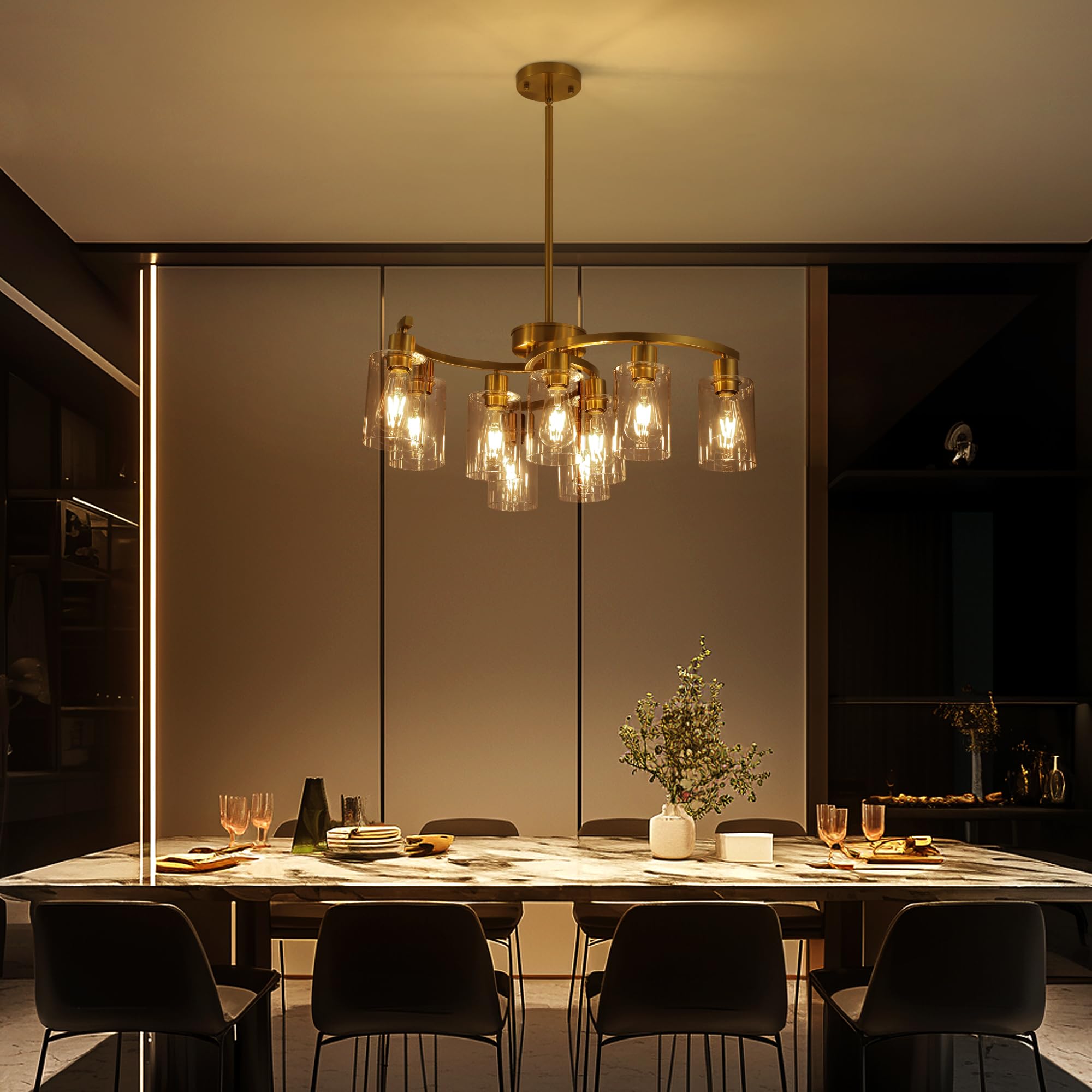 CNRATYE 9-Light Gold Glass Chandelier, Adjustable Height, Contemporary Design for Dining Room, Kitchen Island, Living Room, Foyer, Office