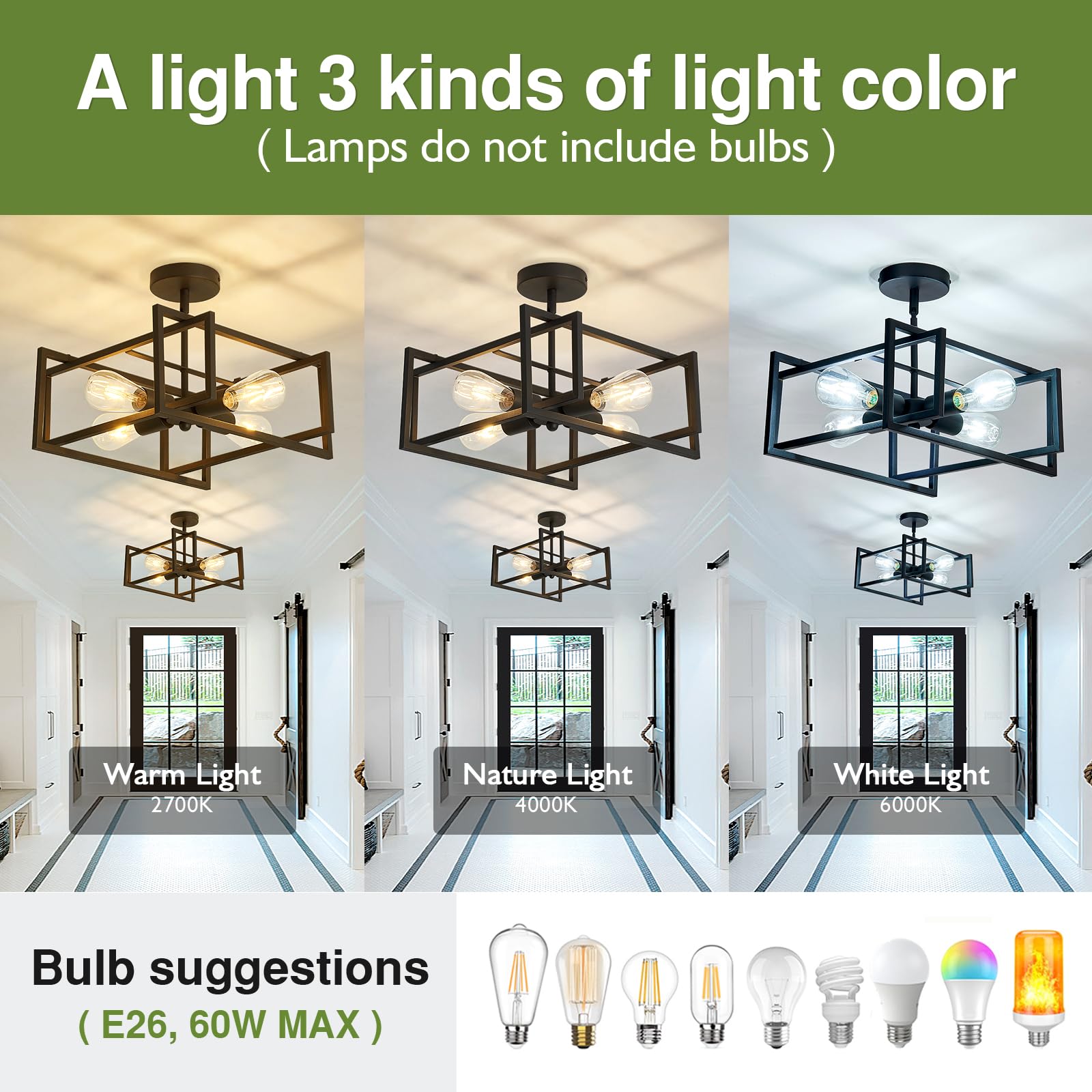 Szxykeji 2-Pack Close To Ceiling Light Modern Black Flush Mount Ceiling Light Fixture 18.89 Inch E26 Base Chandelier Lighting Fo