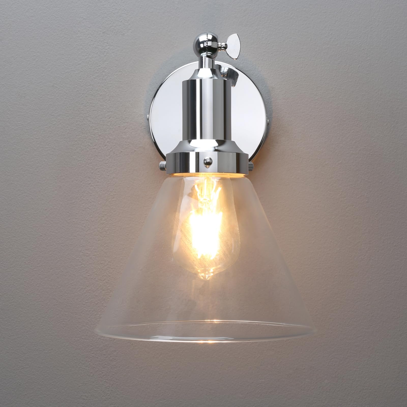 PERMO Industrial Vintage Wall Sconce Light Fixture, Funnel 1-Light, Hardwired, Chrome, Model Y410, Metal Construction