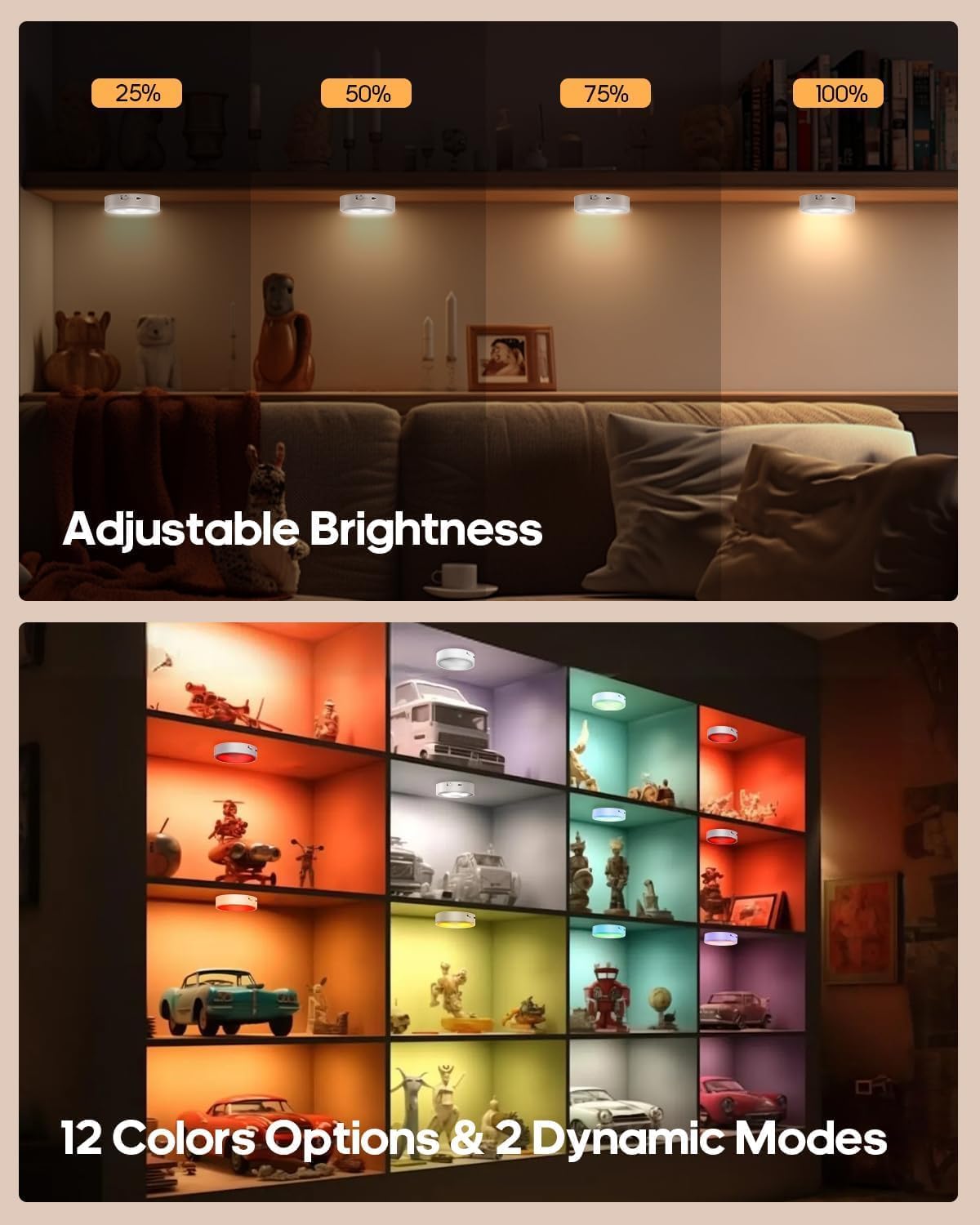 GOODEA.fun Puck Lights with Remote, 13 RGB Colors, Rechargeable, 3 Pack, White & RGB, Model GDCL006, Under Cabinet Lighting