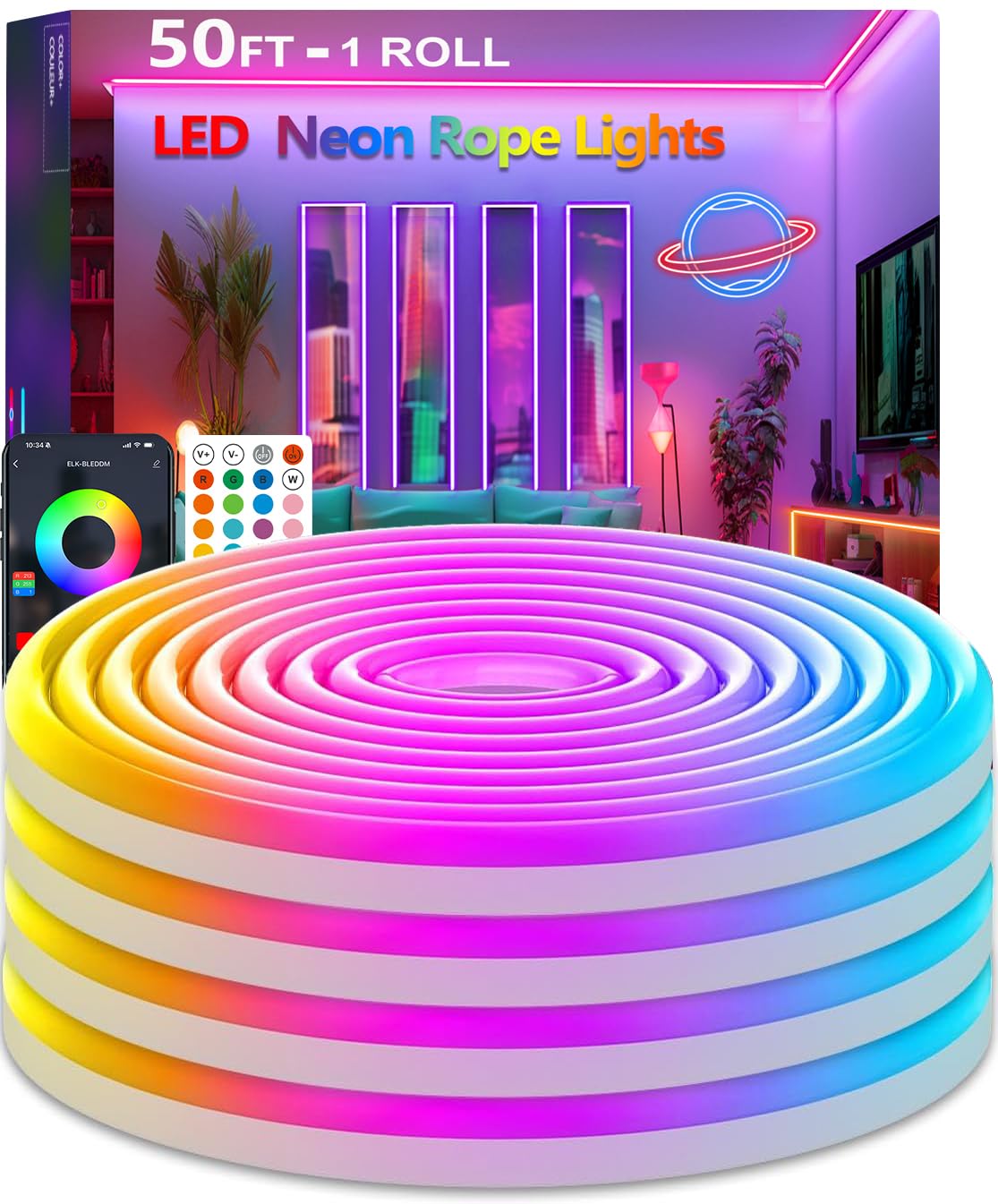 httpsmp 50Ft Neon Rope Lights,Flexible Led Rope Lights Control with App/Remote,Multiple Modes Rope Lights,IP67 Outdoor Waterproo