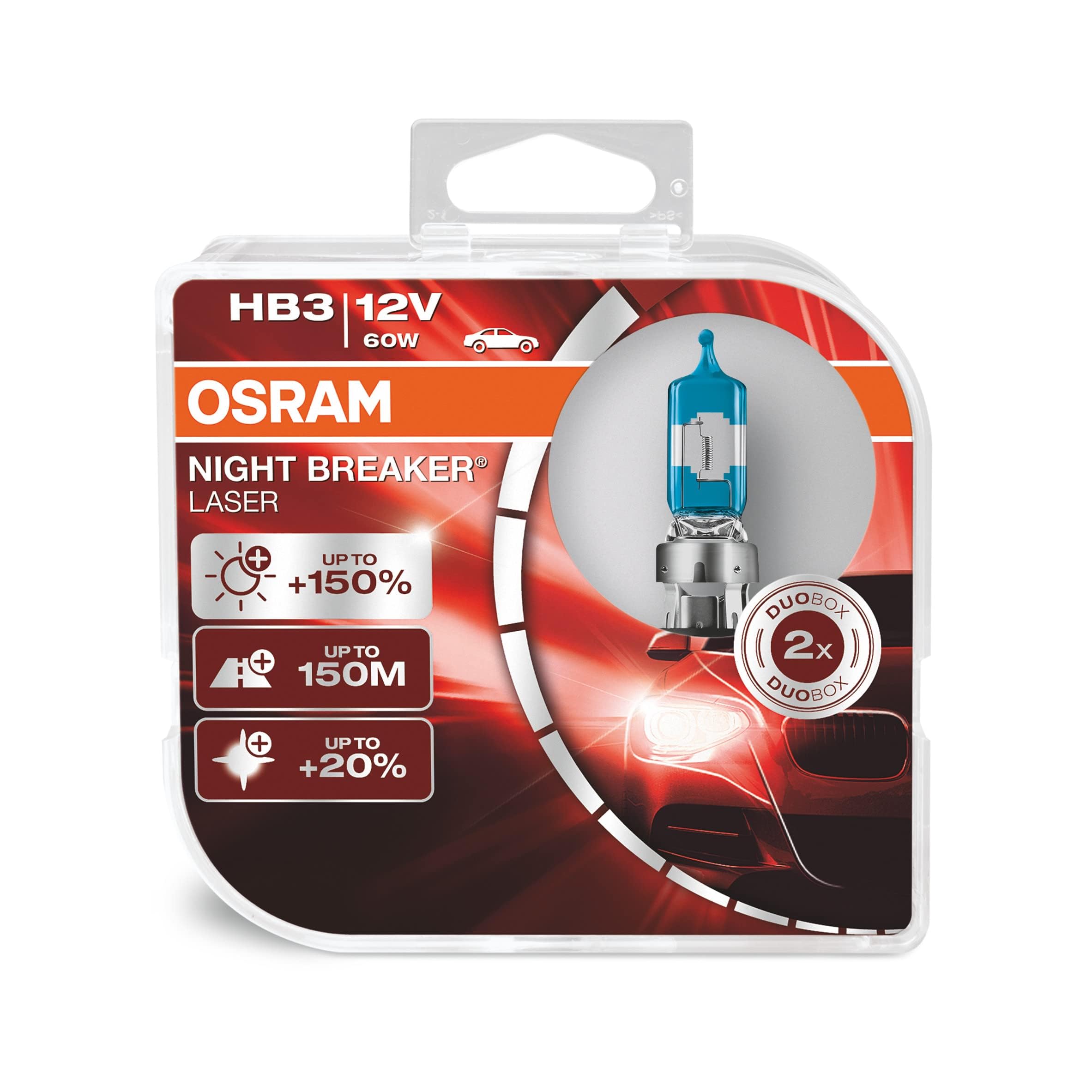 OSRAM HB3/9005 Night Breaker Laser Halogen Headlamp, 150% More Brightness, Model 9005NL, Duo Box (2 Lamps), 12V