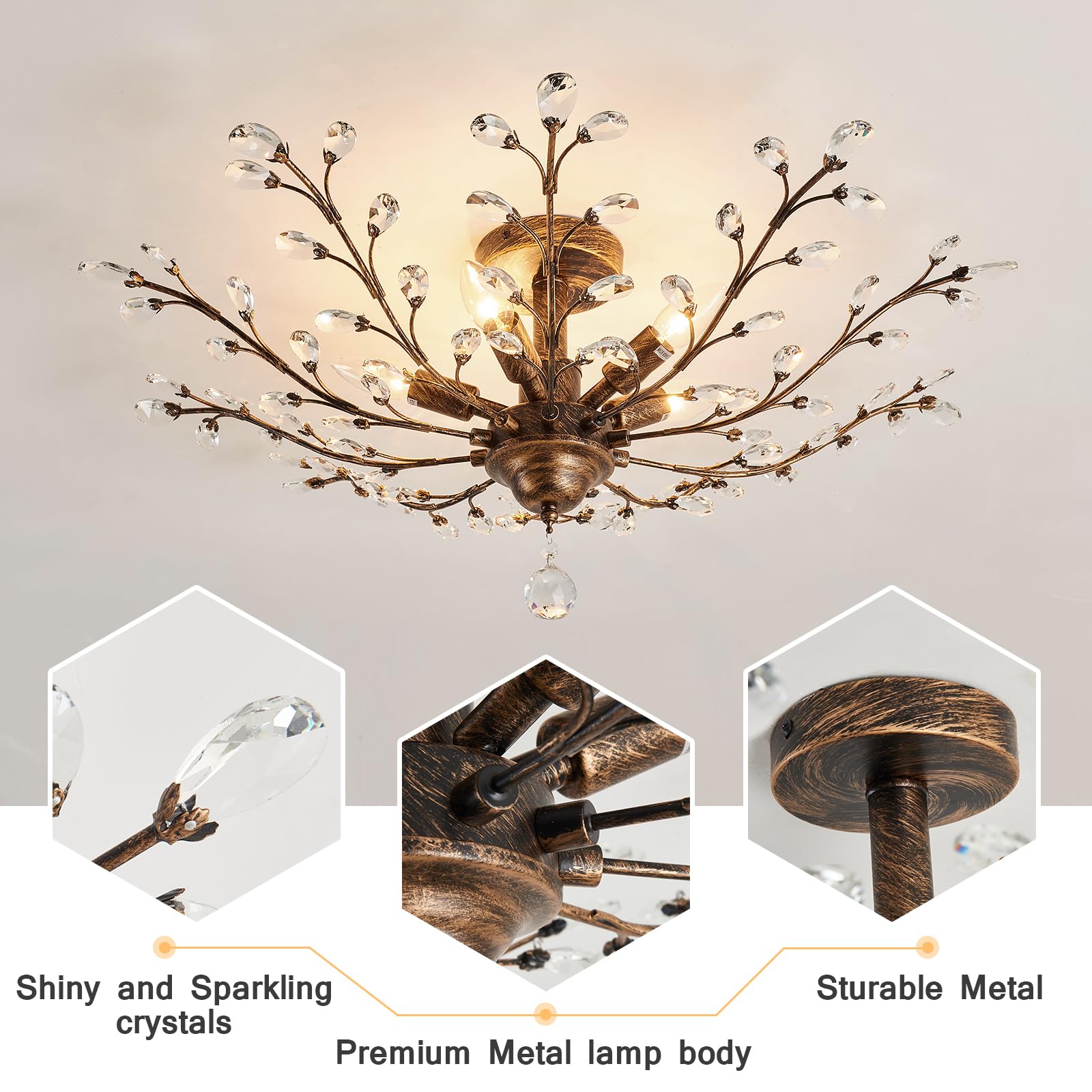 CVKASH 5-Light Vintage Crystal Chandelier, Modern Bronze Iron Ceiling Fixture, 30 Inch for Kitchen, Dining, Living Room, Bedroom, Hallway