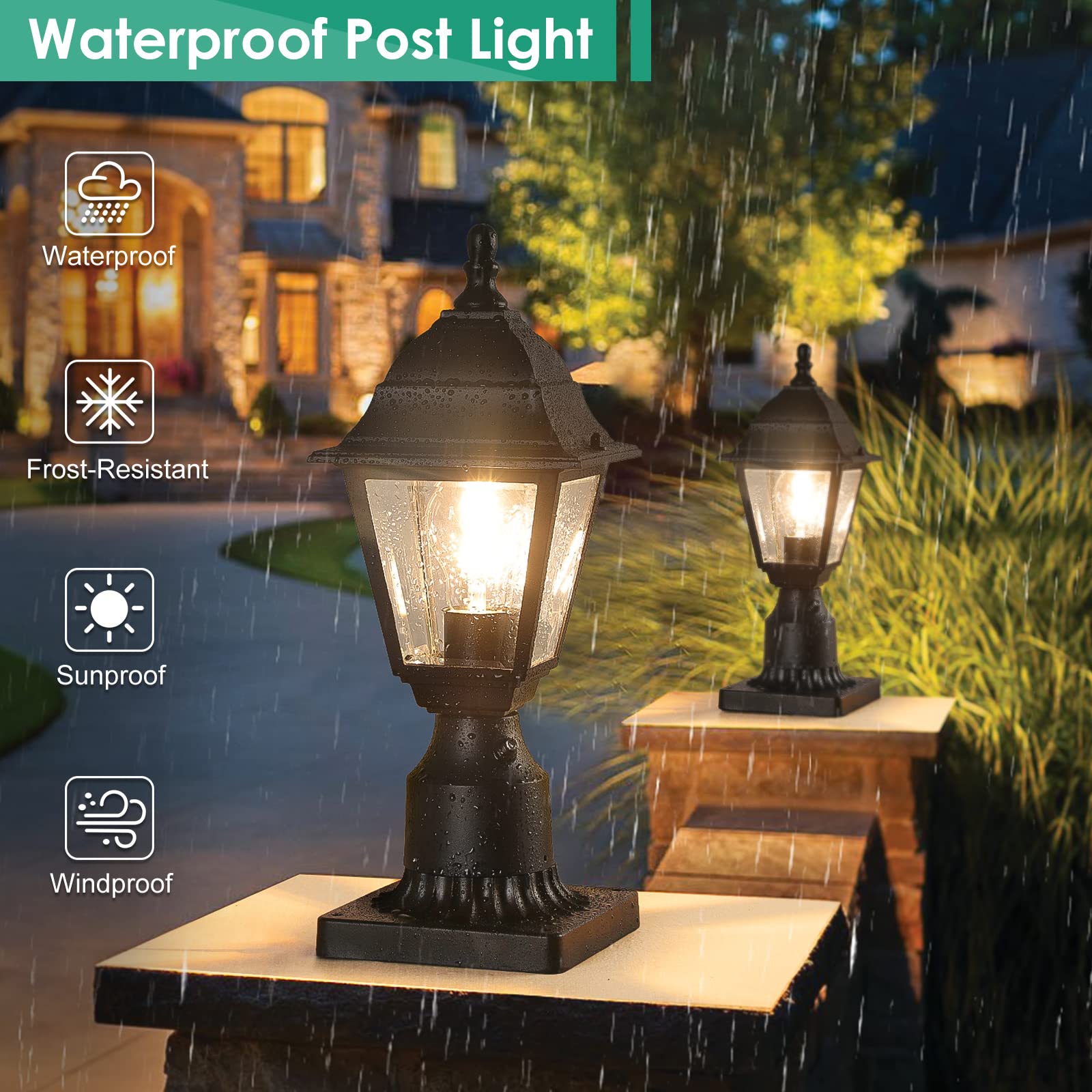 Folksmate Dusk To Dawn Outdoor Post Lights, 2-Pack Waterproof Outside Post Lamps With Pier Mount, Exterior Pole Lantern With Cle