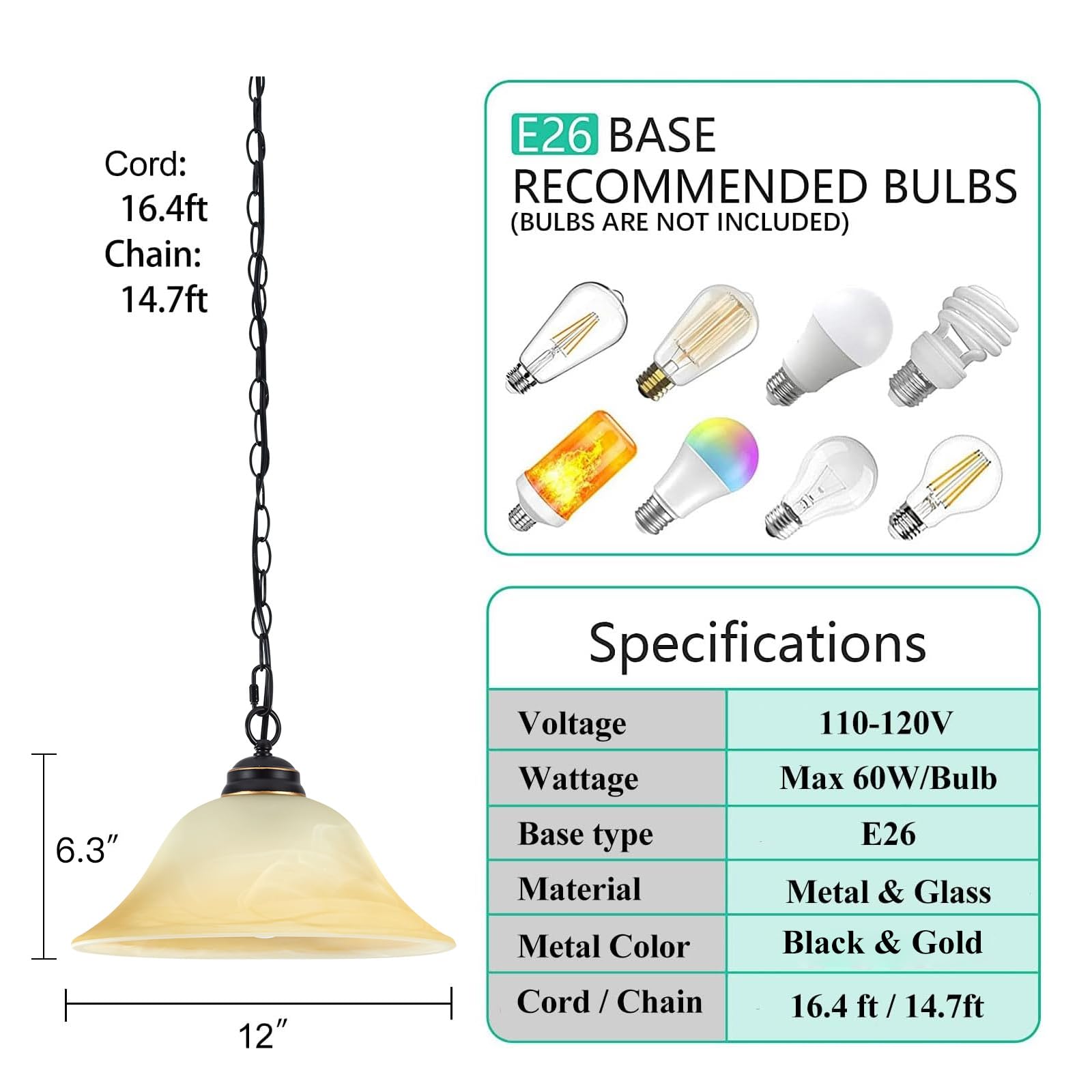 Shengqingtop Dimmable Plug-In Pendant Light, Retro Alabaster Shade, Black & Gold, 16.4Ft