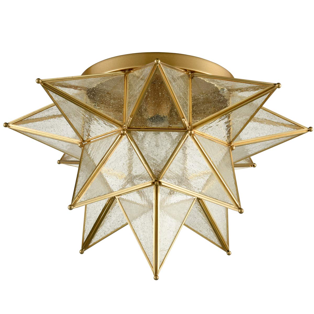 DAYCENT Modern Moroccan Flush Mount Ceiling Light, 18-Inch, Brass, Glass, Moravian Star Design