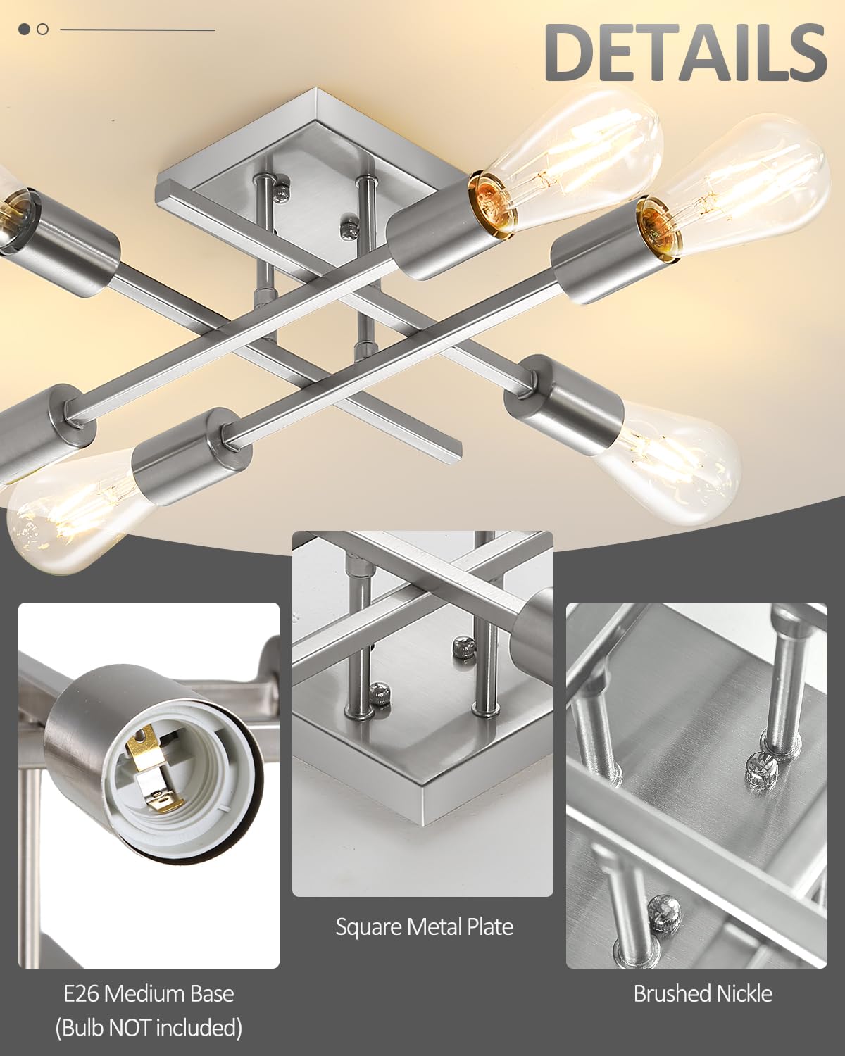 Eidonta 6-Light Semi Flush Mount Ceiling Light Fixture, Modern Brushed Nickel Sputnik Chandelier Lighting, Farmhouse E26 Stock C