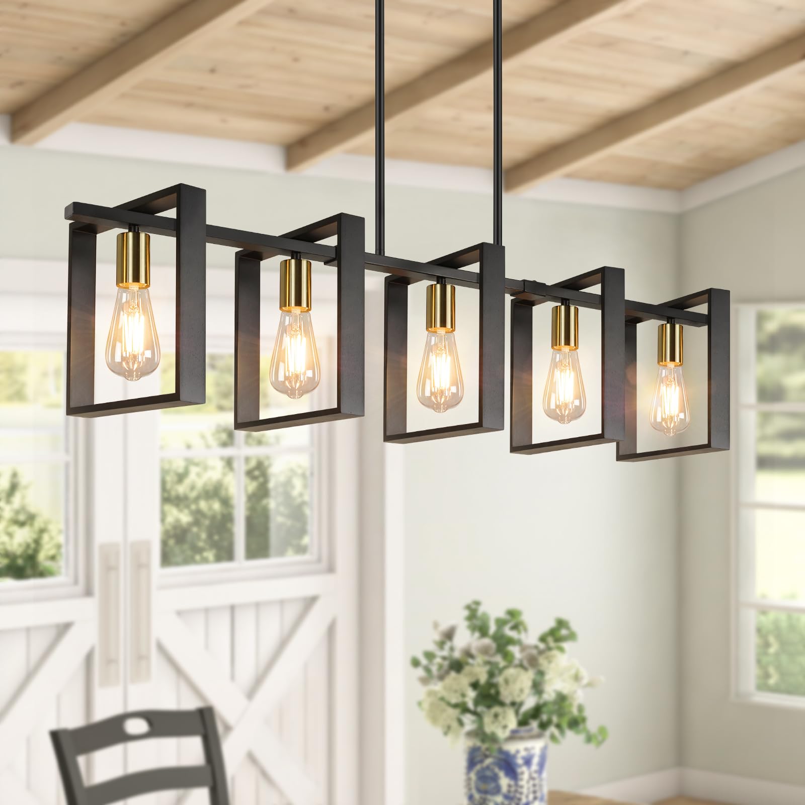 Brightever 5-Light Black Gold Dining Room Chandelier, Wood Modern Pendant Light Fixture, Model 3668-P5-GDBK
