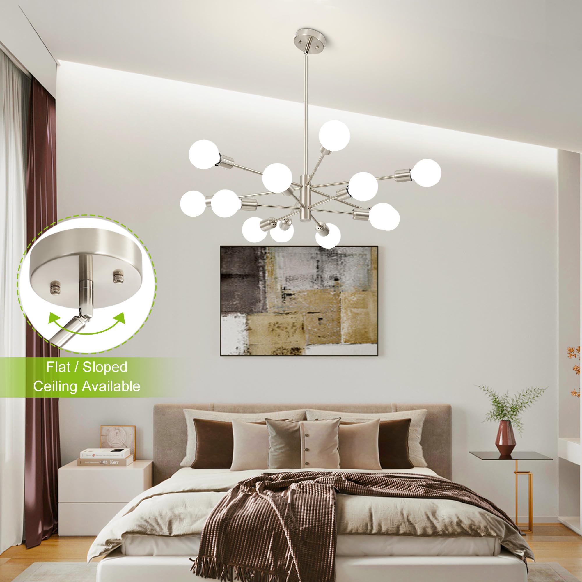 Deyidn Sputnik Chandelier Modern Brushed Nickel Chandeliers 12-Light Mid Century Ceiling Lighting Fixture For Living Room, Kitch
