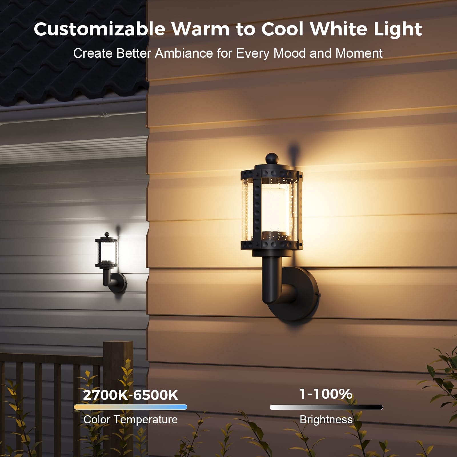 XMCOSY+ Outdoor Wall Lights - 1100LM Smart Porch Sconce, WiFi Control, IP65 Waterproof, 2 Pack, Black, Model XMWLC