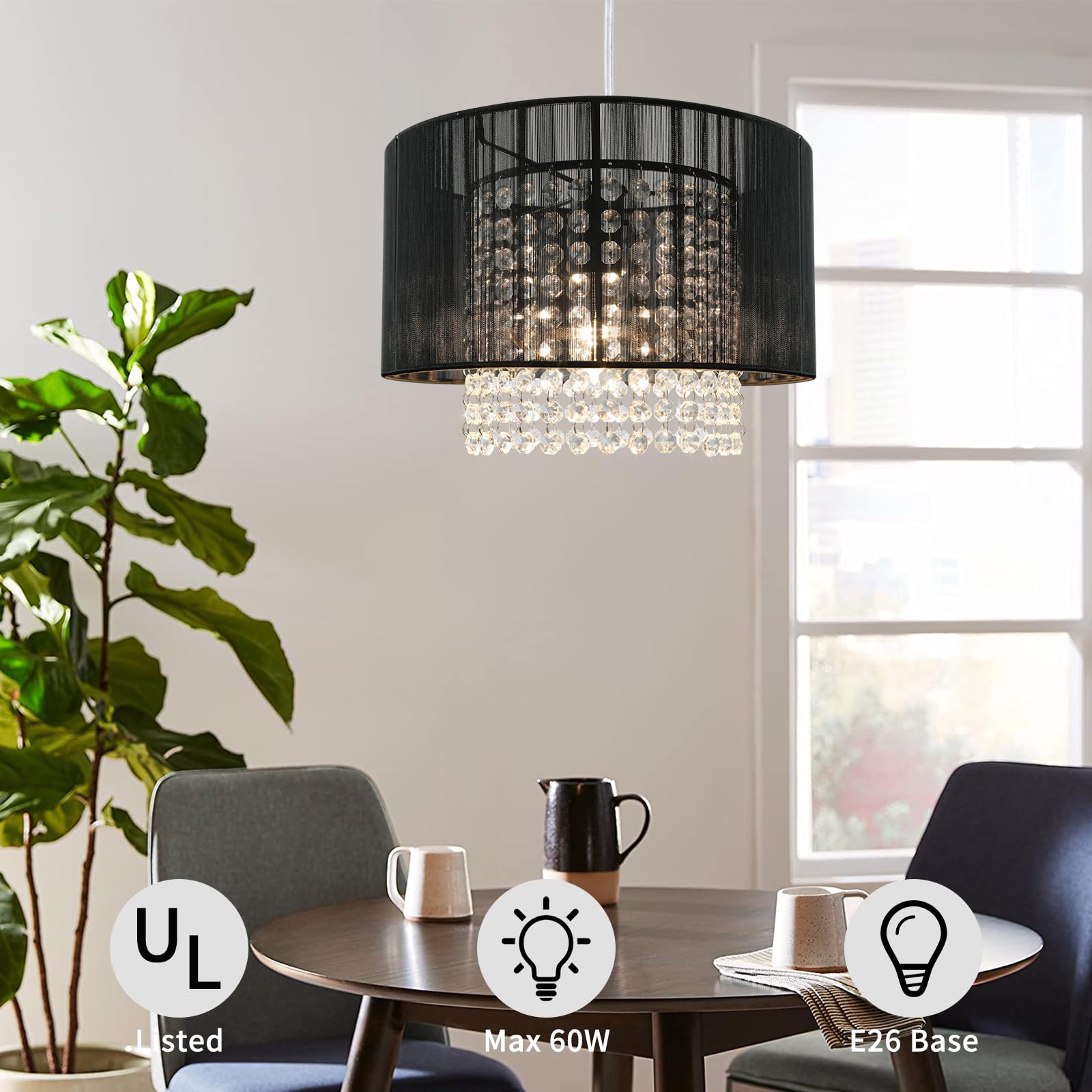 TISLYCO Plug-in Chandelier, 15ft Cord Crystal Pendant Light, Black, Perfect for Bedroom or Living Room