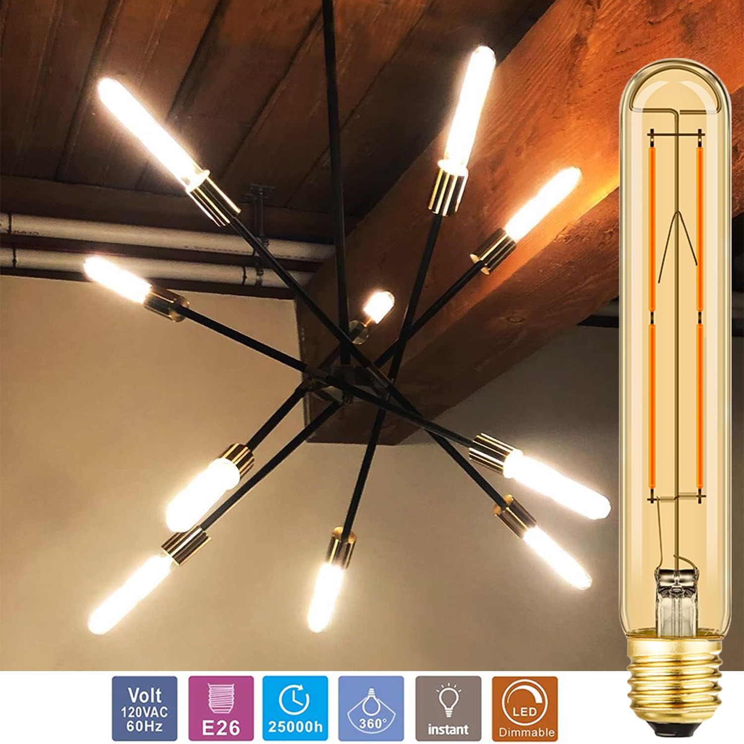 Leools Amber T10 Led Bulb 8W Equal E26 Edison Bulb 60 Watt Ac120V Dimmable 7.3Inch Tubular Light Bulb Warm White 2700K 600Lm E26