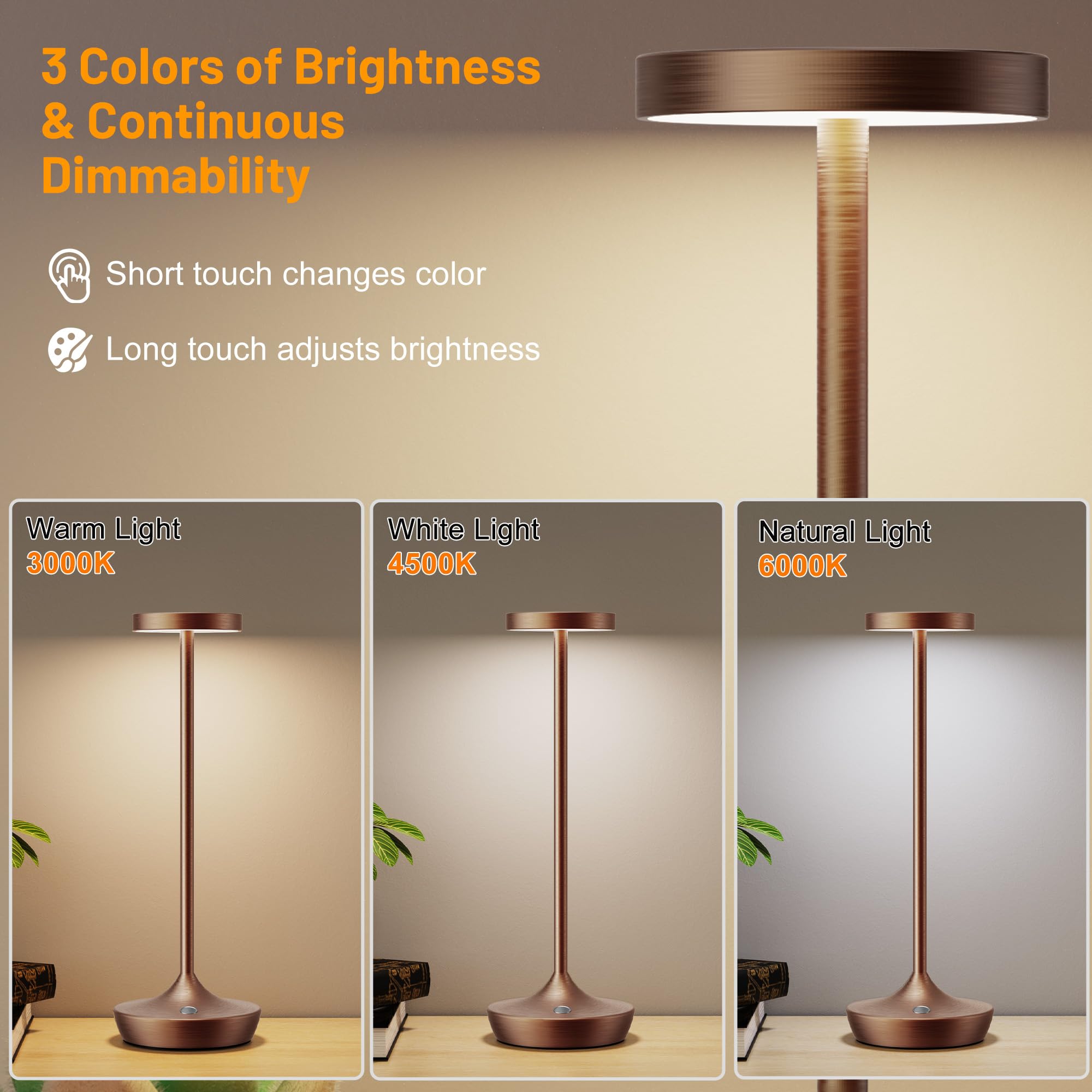 Willdoak Cordless Table Lamp - 6000mAh Rechargeable LED Light, Touch Dimmable, Waterproof, Brown, Model X86, Portable for Outdoor Use