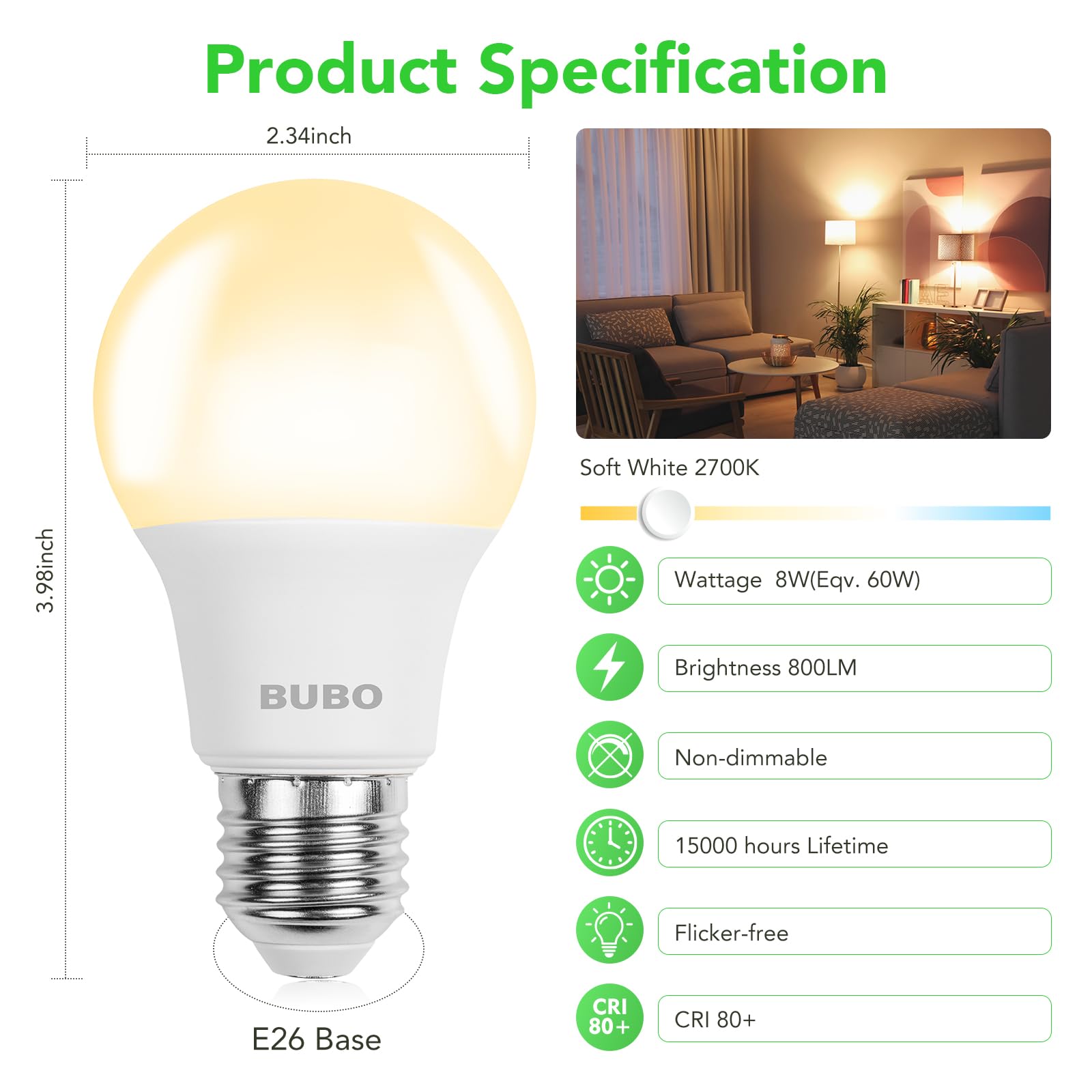 BUBO A19 LED Light Bulbs, 60W Equivalent, Soft White 2700K, E26 Base, 8W, Non-Dimmable, 6 Pack
