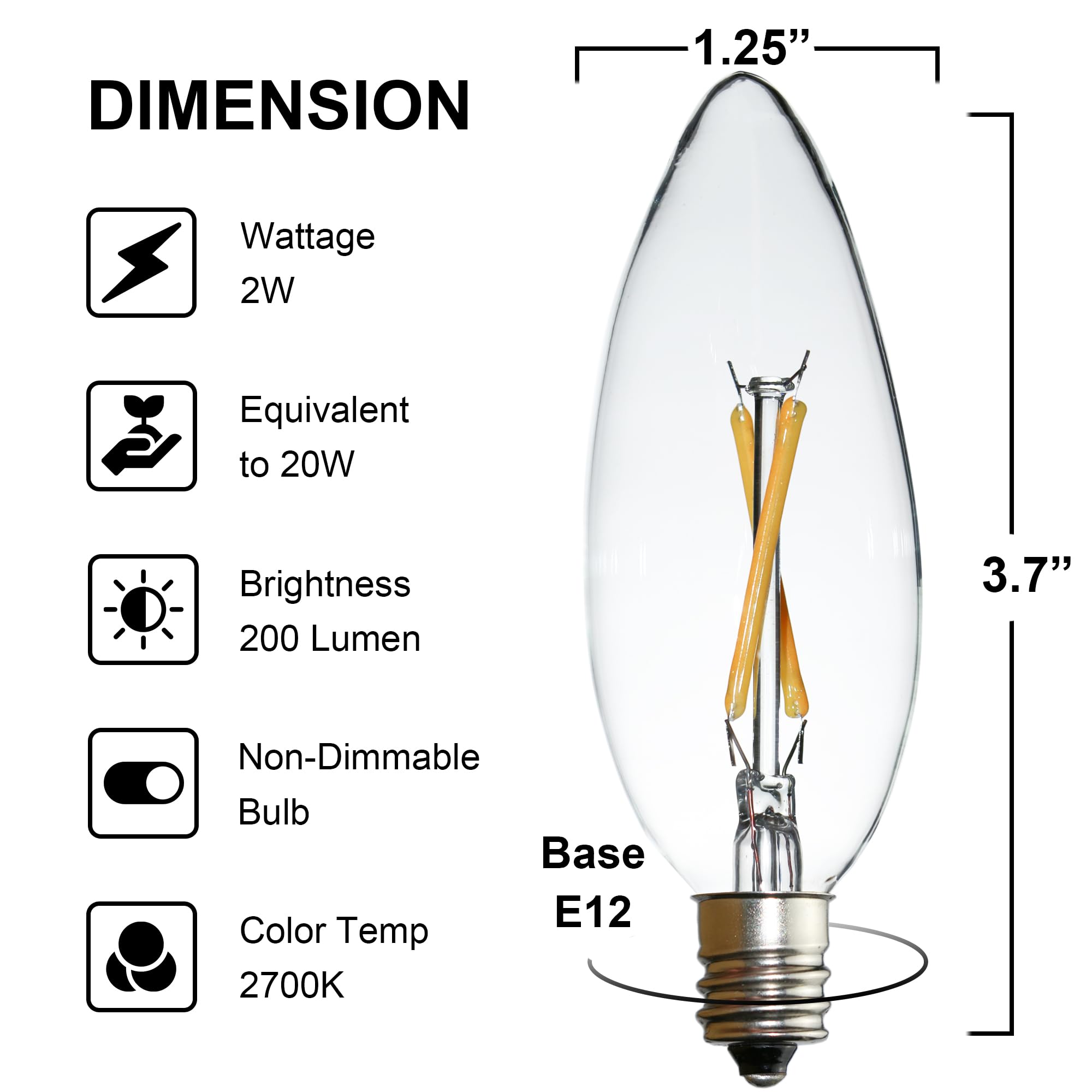 Fannis 6 Pack C32 Candle Led Edison Bulb, 2W Equals 20W, Warm White 2700K, E12 Base Vintage Clear Glass Candle Light Bulb For Pe
