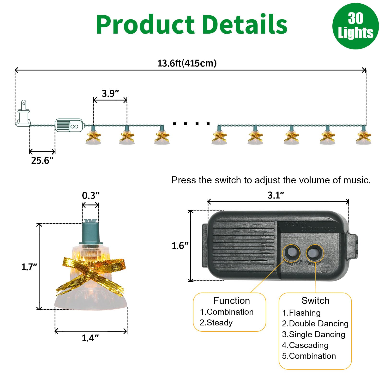 Lamphome 30 Lights Christmas Musical Bell String Lights, 25 Classical Holiday Songs, 7 Functions Clear Incandescent Bulb Green W
