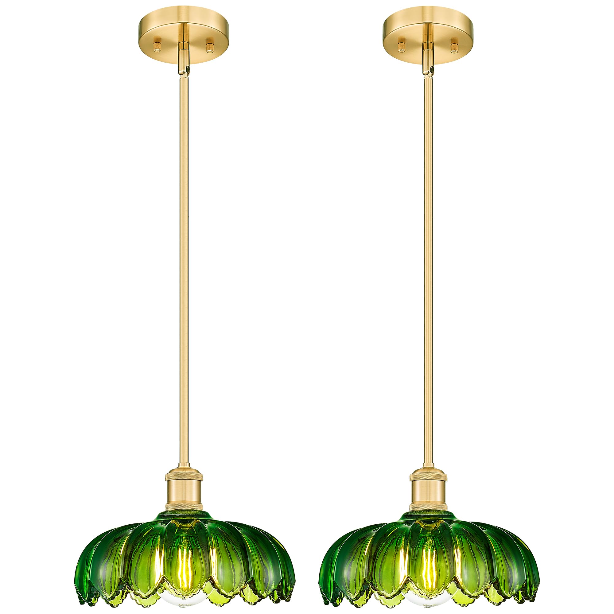 FEMILA 2 Pack Vintage Light Fixtures, Flower Green Glass Pendant Lights Kitchen Island, Brushed Gold Antique Chandelier, Hanging