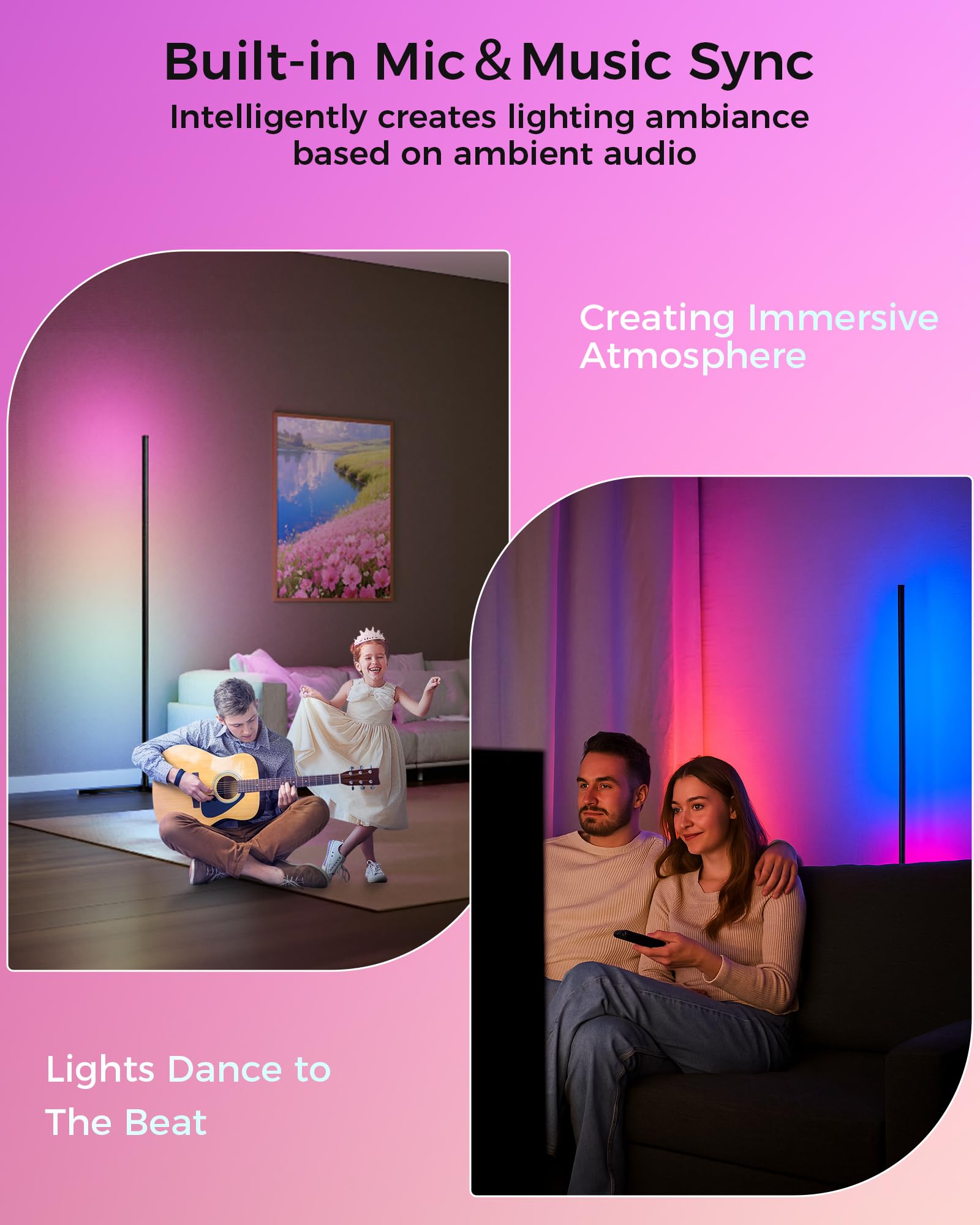 boostool LED Corner Lamp, 65 RGB Corner Floor Lamp with 16 Million DIY Colors, 216 Dynamic Light Effects and Music Sync - App an