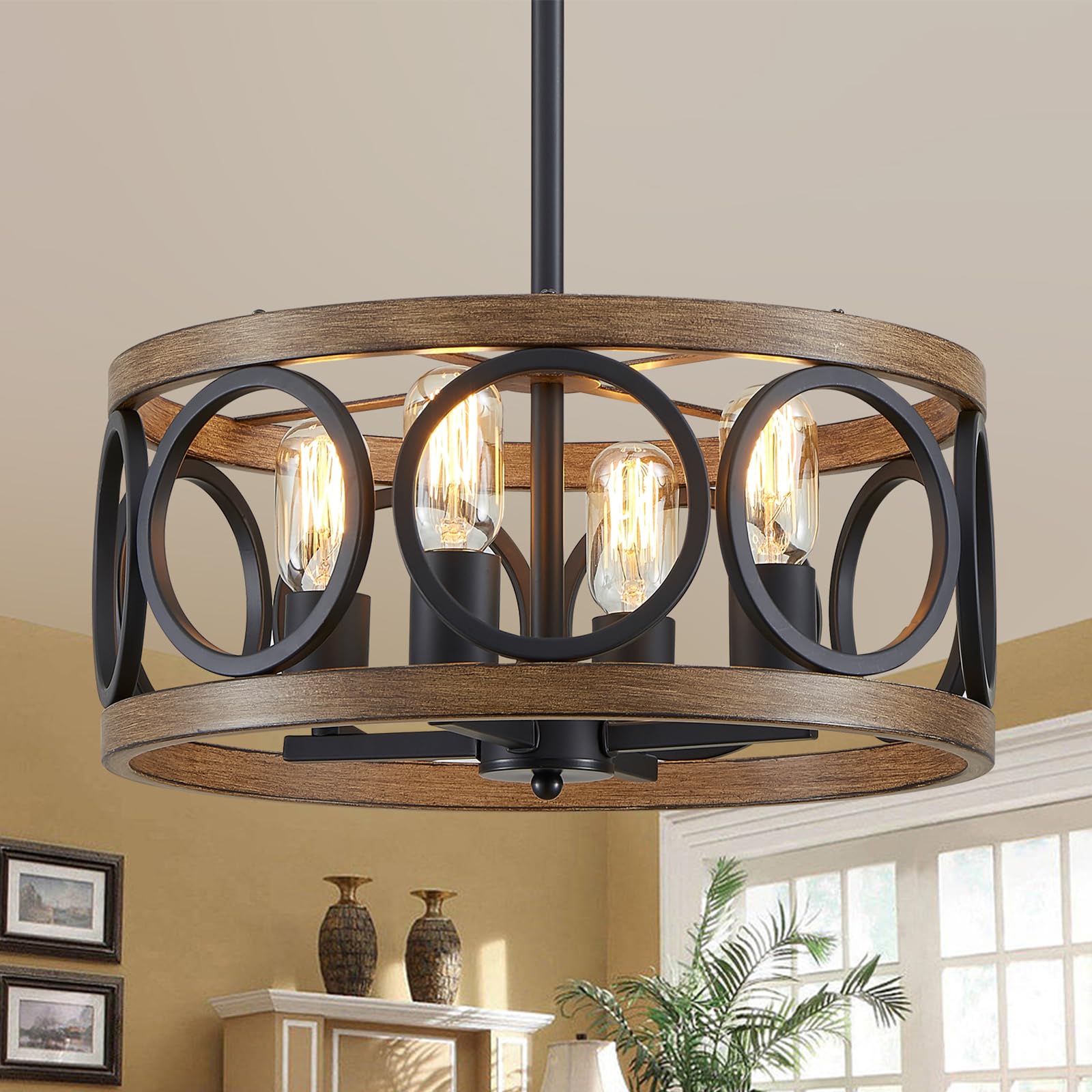 Peskoe Black Ceiling Light, 15.9'' Rustic Farmhouse Chandelier Drum Pendant Lighting Fixture For Dining Room Bedroom, Modern Wood Grain Metal Round Lamp For Living Room Kitchen Hallway, 4-Light