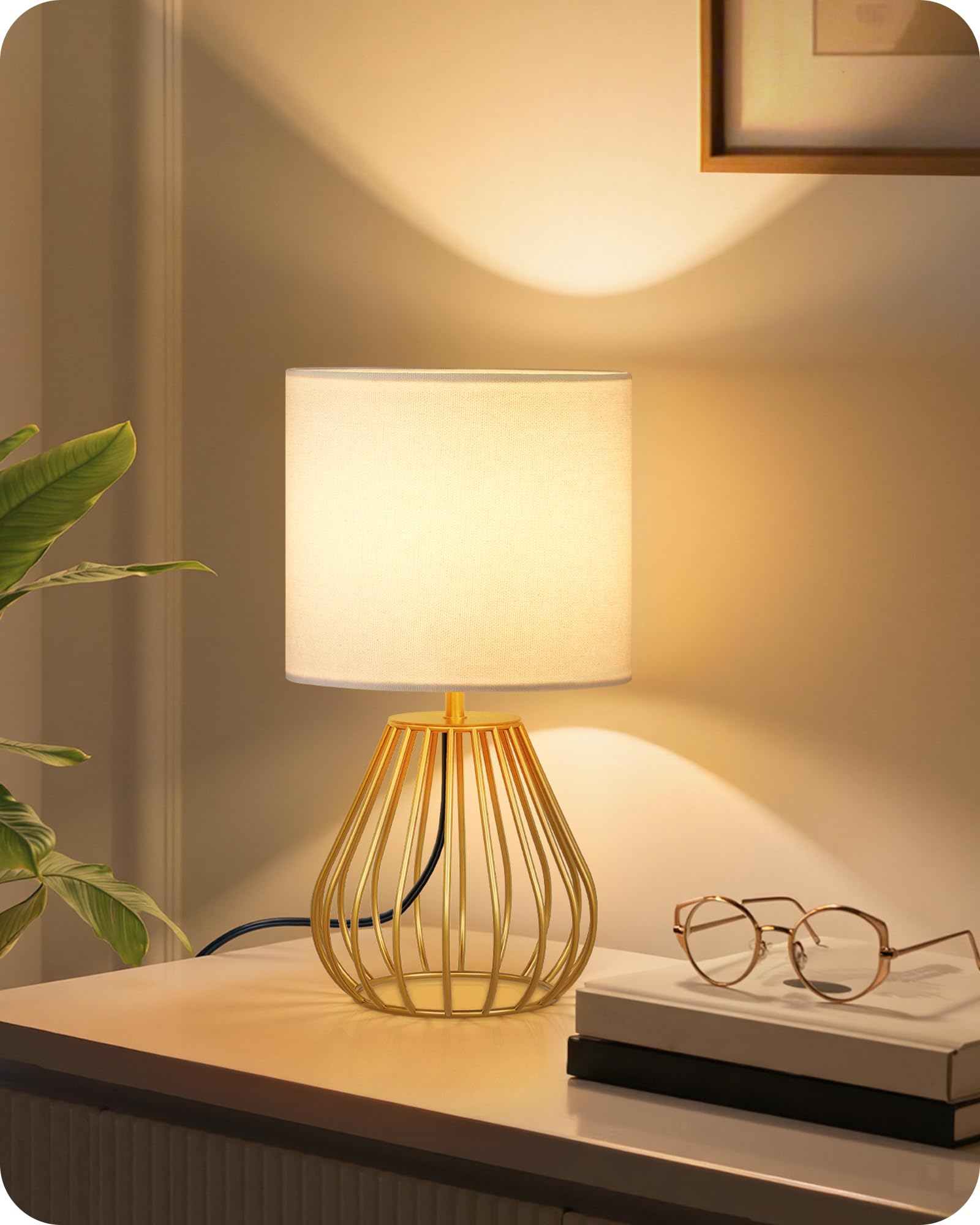 GOEBLESON Gold Table Lamp, Small Gold Bedside Lamp with Metal Base & White Linen Lampshade, Modern Nightstand Lamp, Little Cute 