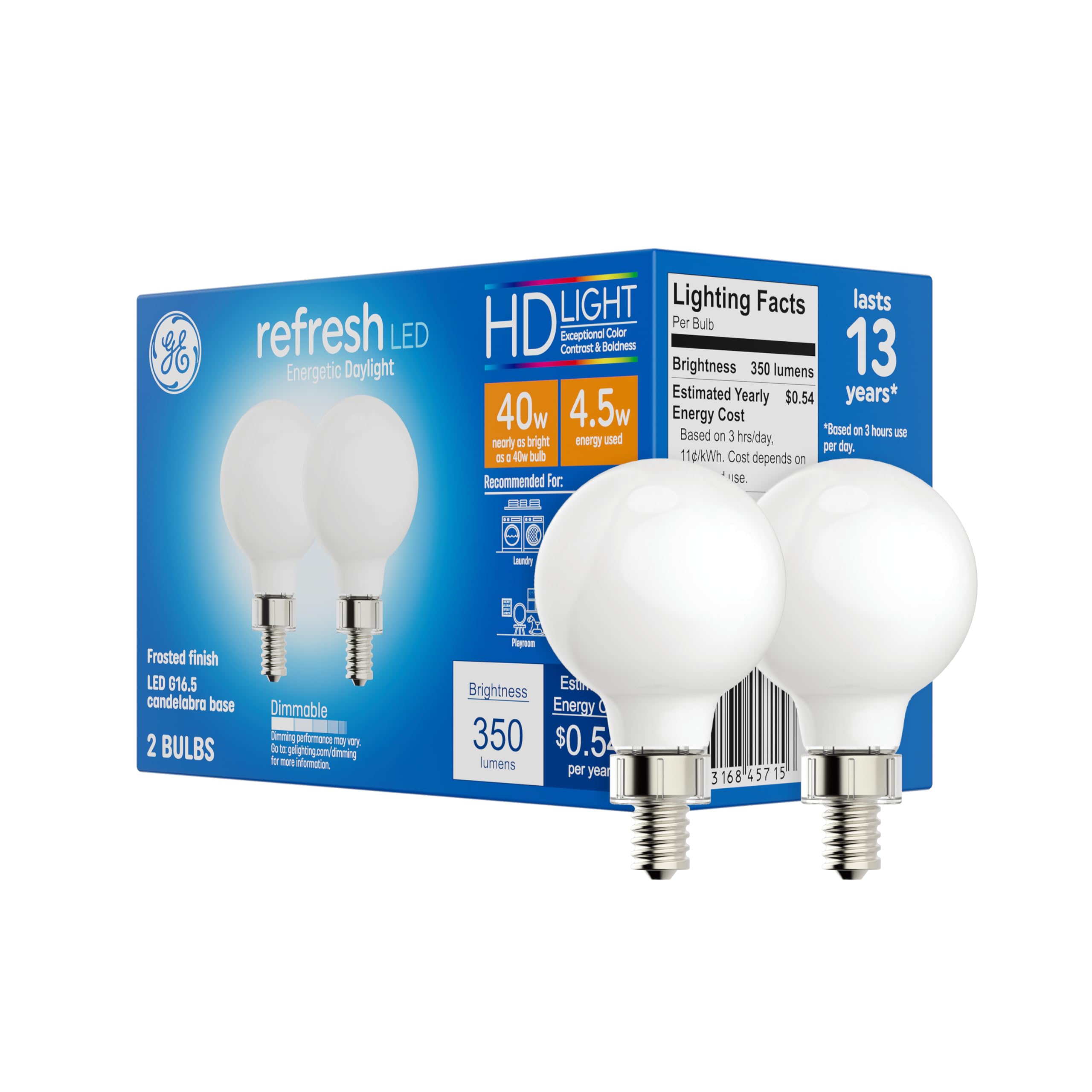 Ge Refresh Led Light Bulbs, 40 Watt, Daylight, G16.5 Globe Bulbs, Frosted, Small Base (2 Pack)