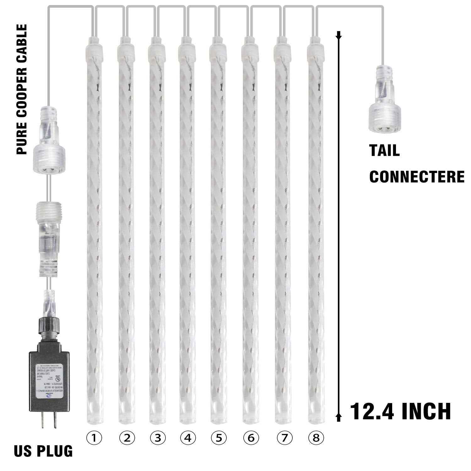 FUNPENY Meteor Shower Rain Lights, 288 LED Icicle Lights, White, Model HB-300COI, Outdoor Christmas Decoration