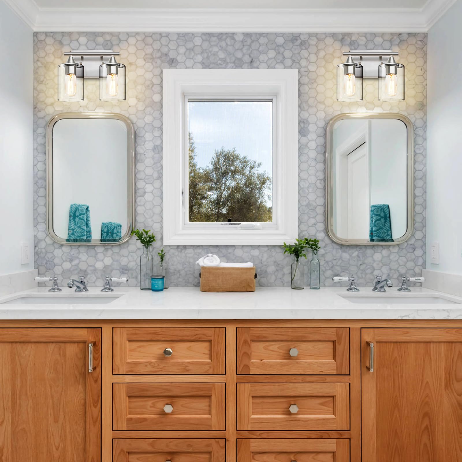 XPEHK Bathroom Vanity Light Fixture, 2-Light Modern Brushed Nickel Over Mirror, Glass and Metal Construction