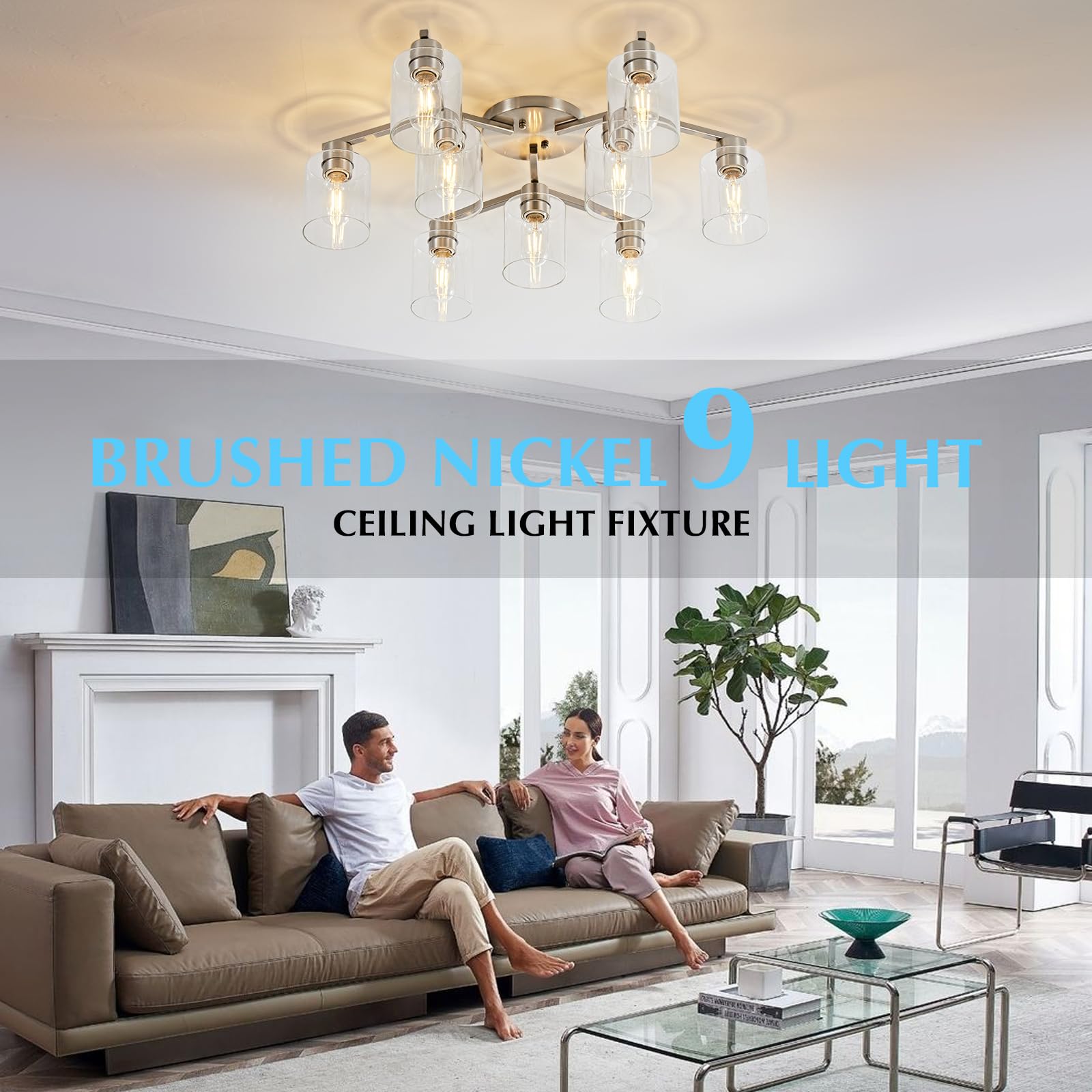 Diduio Brushed Nickel 9 Light Dining Room Ceiling Light Fixture Large Semi Flush Mount Ceiling Light Fixture Kitchen Lighting Fixtures Ceiling Light For Living Room With Clear Glass Shades