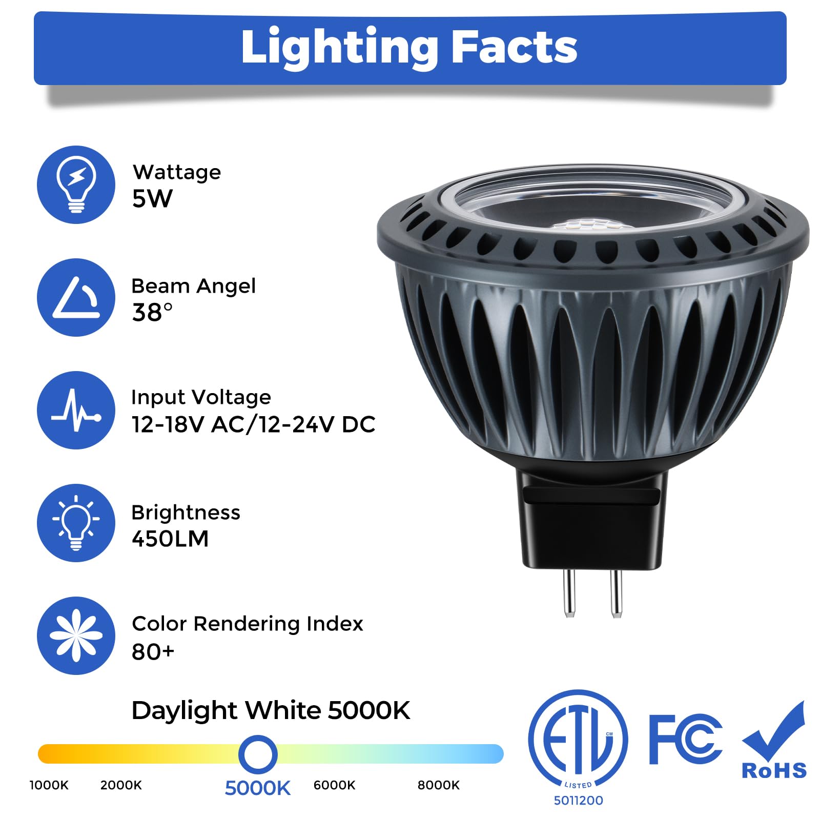 Gardencoin Mr16 Led Light Blub  5W 5000K Daylight White 450 Lumens Dimmable  Aluminum Housing  Low Voltage 12V Input Gu5.3 Bi-Pin Light Bulbs For Landscape &Accent Lighting  Indoor/Outdoor Use 6-Pack