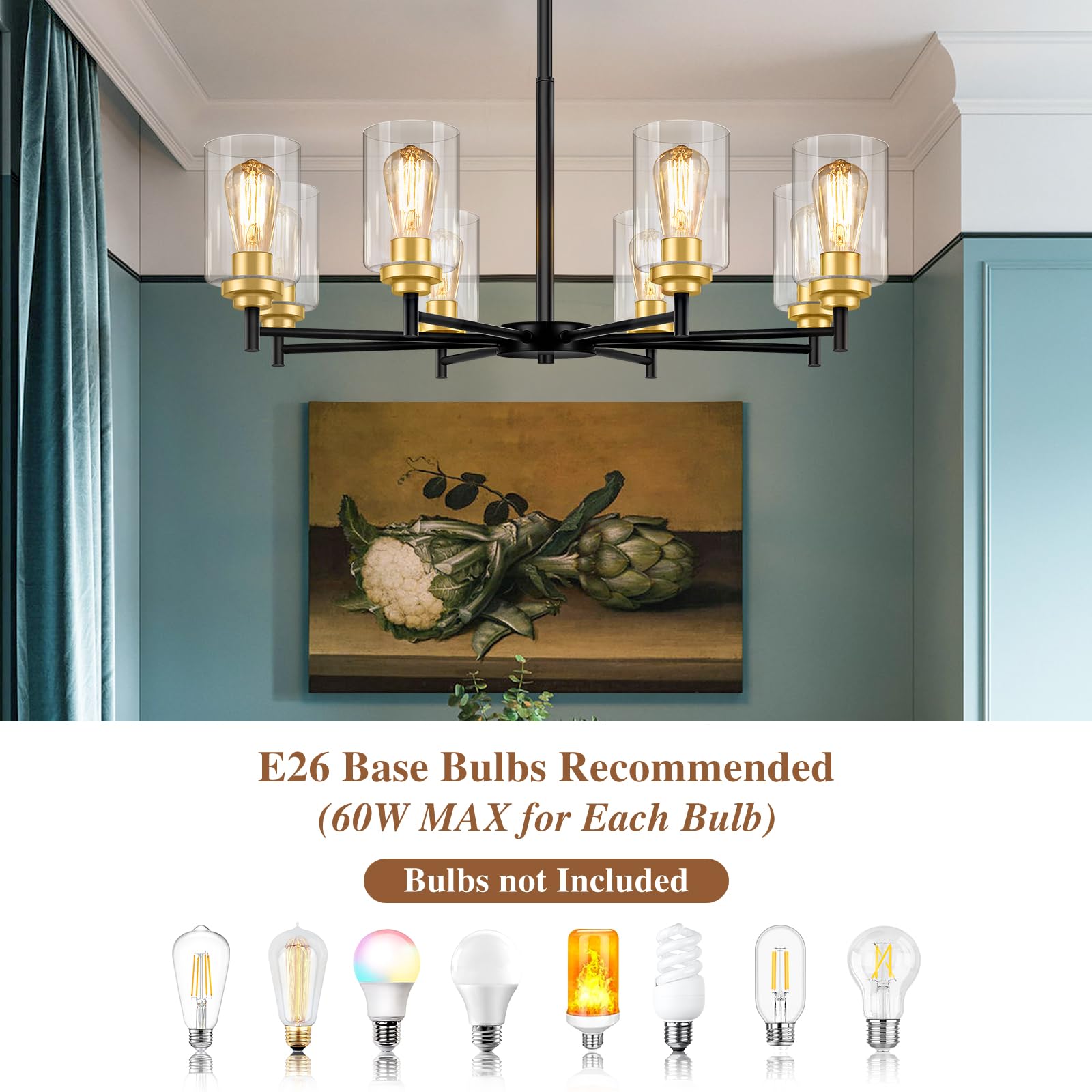 Sucolite 8-Light Black & Gold Chandelier - Modern Farmhouse Pendant Lighting For Dining Room, Height Adjustable, Model 3358-P8-Bk