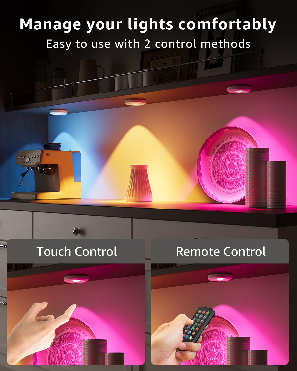 Rechargeable Rgb Puck Lights With Remote  2400Mah Battery Touch Light Magnetic Push Tap Lights Wireless Color Changing Led Under Cabinet Lighting  Sitck On Light For Kitchen  Closet  Pantry  Shelves