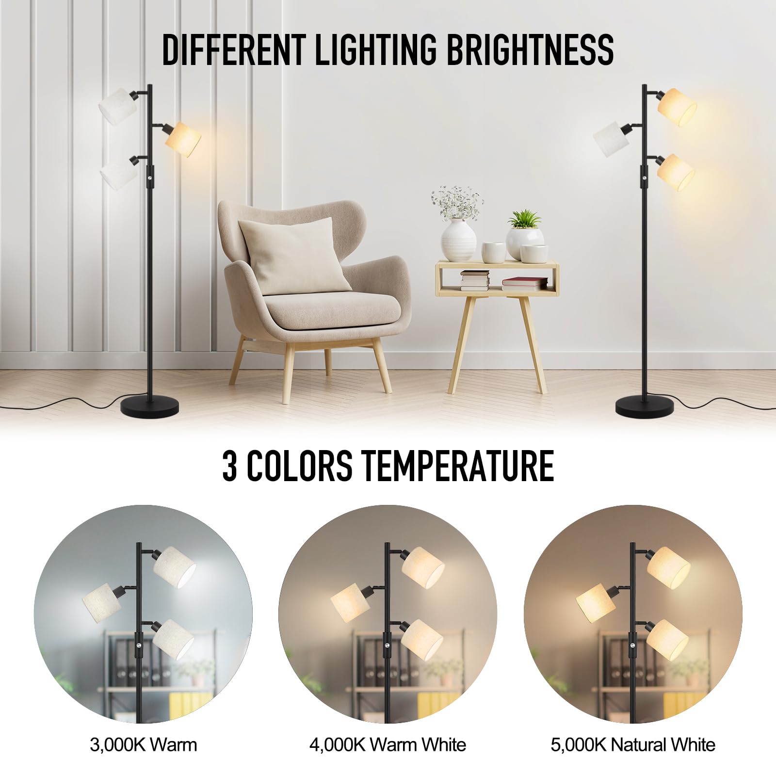 Floor Lamps For Living Room, Standing Lamp, 3-Light Tree Floor Lamp With Lampshade, Reading Floor Lamp With Rotary Switch, 63''