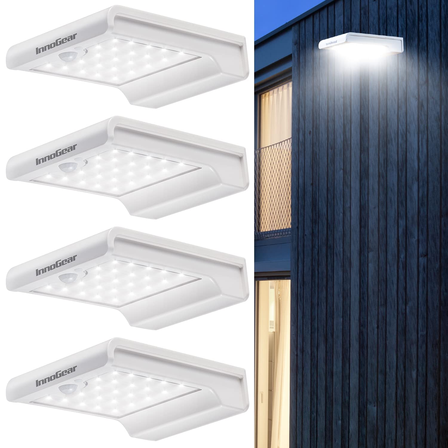 InnoGear Solar Gutter Lights, 24 LEDs, IP65 Waterproof, Security Lighting, Pack of 4, White, Model IG-20LED300LM