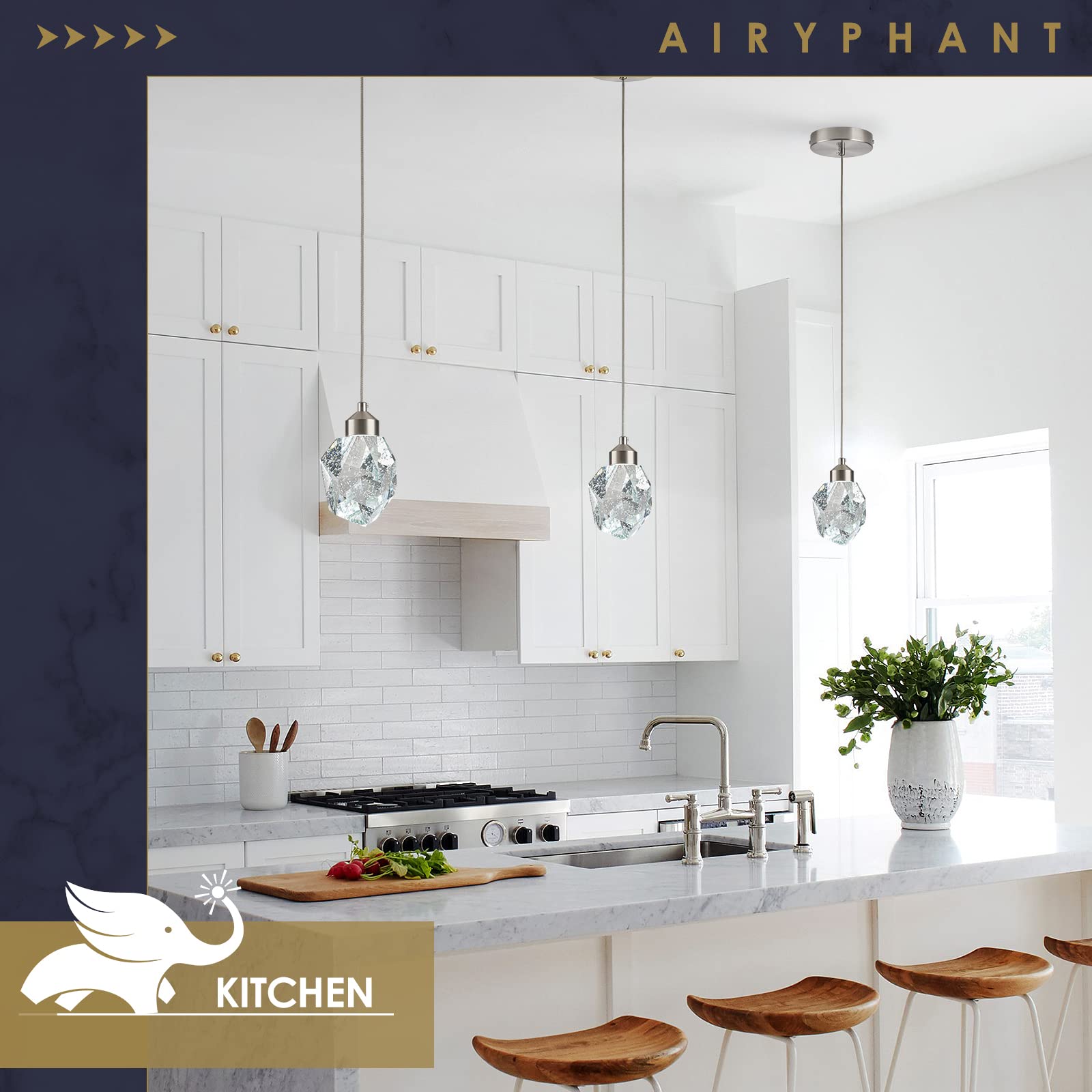 Airyphant Modern Nickel Crystal Pendant Light, Dimmable Led Pendant Light Fixture For Kitchen Island Dining Room Bedroom Bathroo