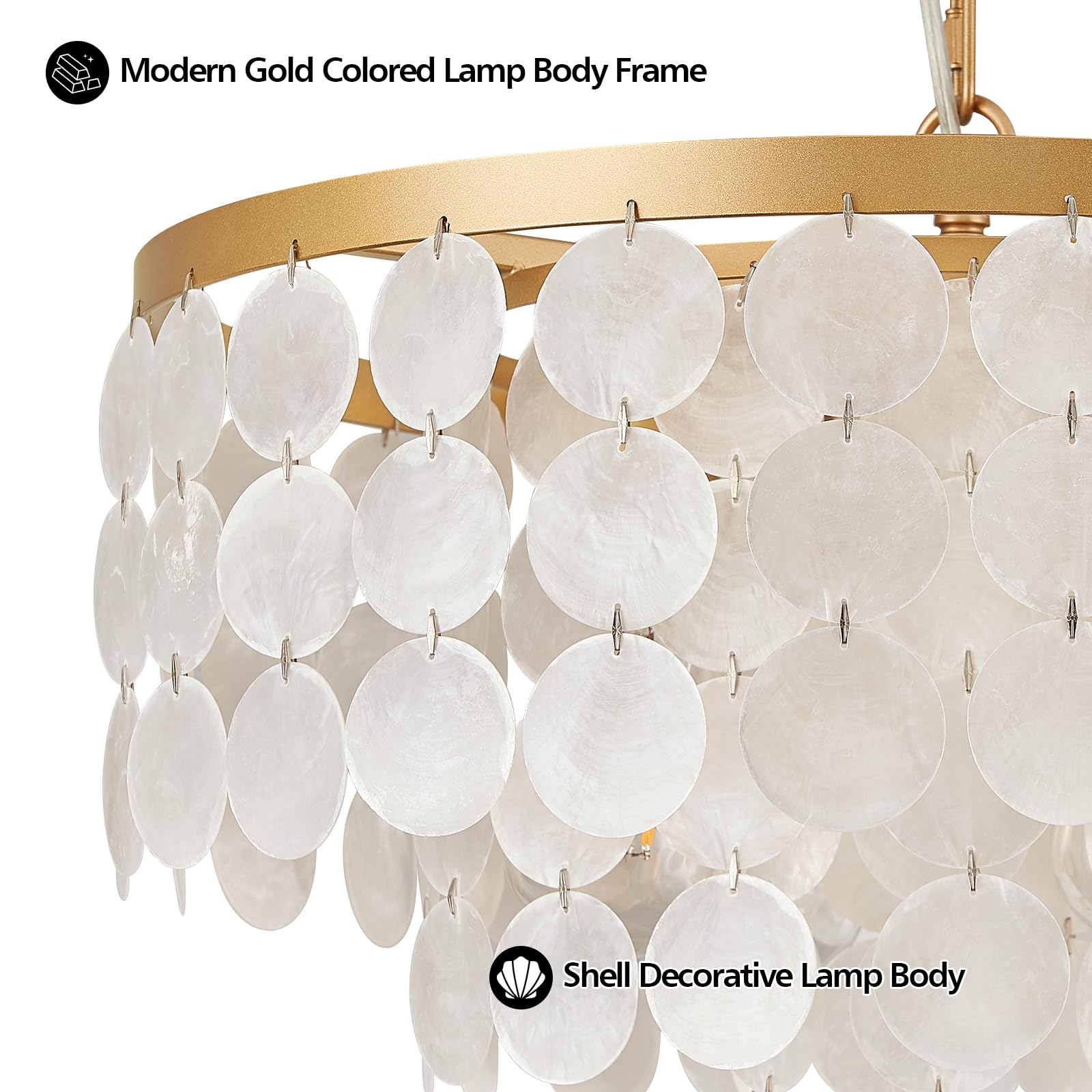 HLMRCHEN Shell Chandelier, 4-Light Capiz Pendant Light Fixture, White & Gold, Model F092-450 for Foyer, Kitchen Island, Dining Room