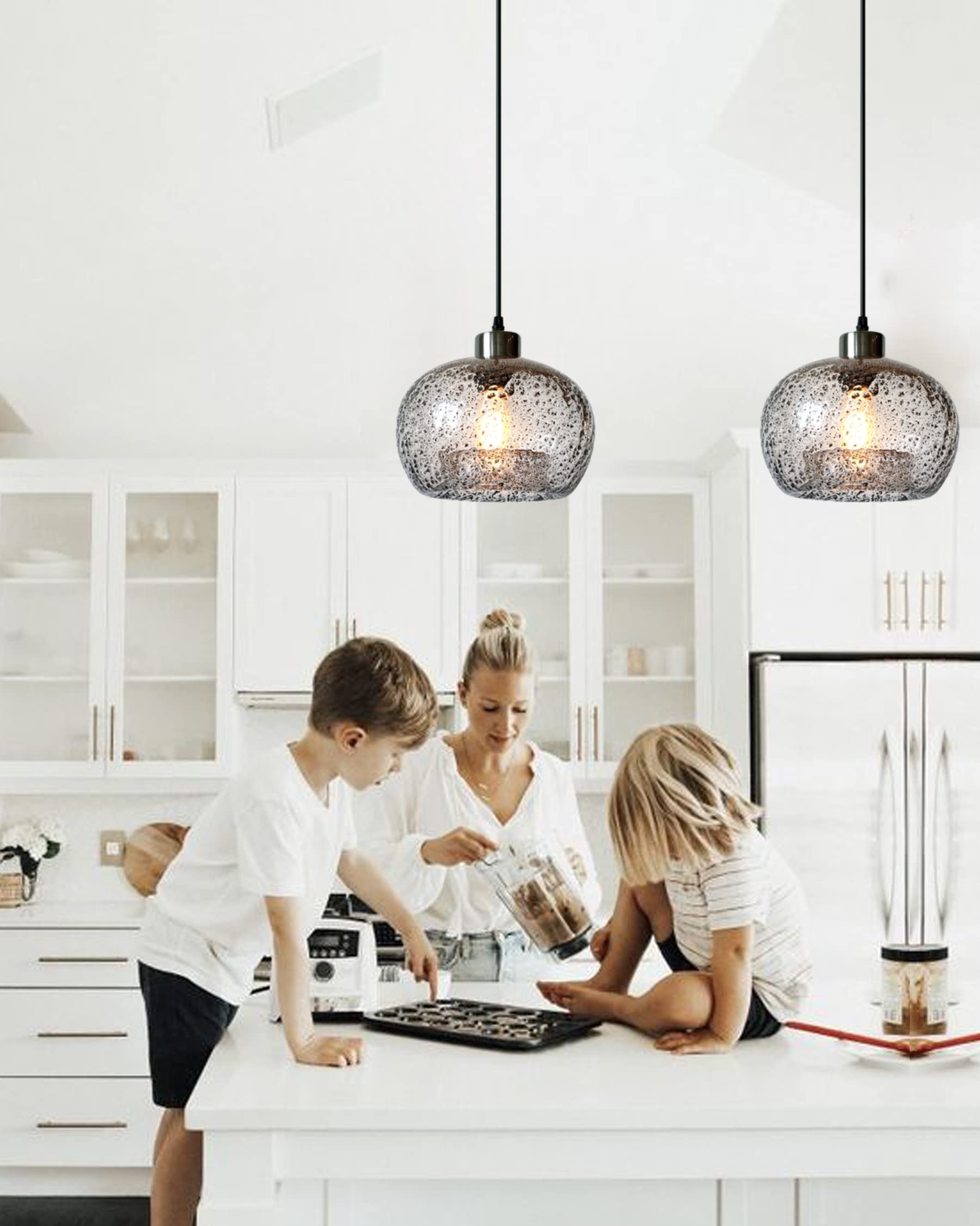 CASAMOTION Pendant Lights - 9" Hand Blown Glass Globe - Marble Clear - 2 Pack for Kitchen Island & Dining Room