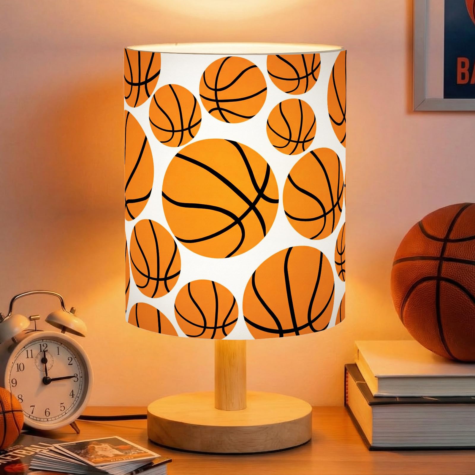 VIHOSE Basketball Kids Table Lamp for Bedroom Kids Bedside Lamp with Linen Wooden Nightstand Cartoon Nursery Lampshade for Girls