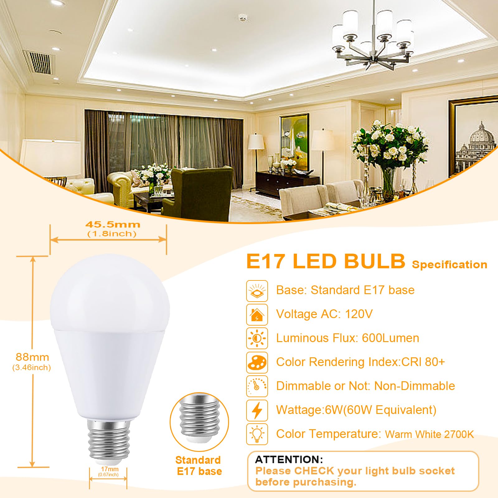 VYAOMLI E17 LED Light Bulbs 6W 600LM Non-Dimmable 2 Pack Daylight White