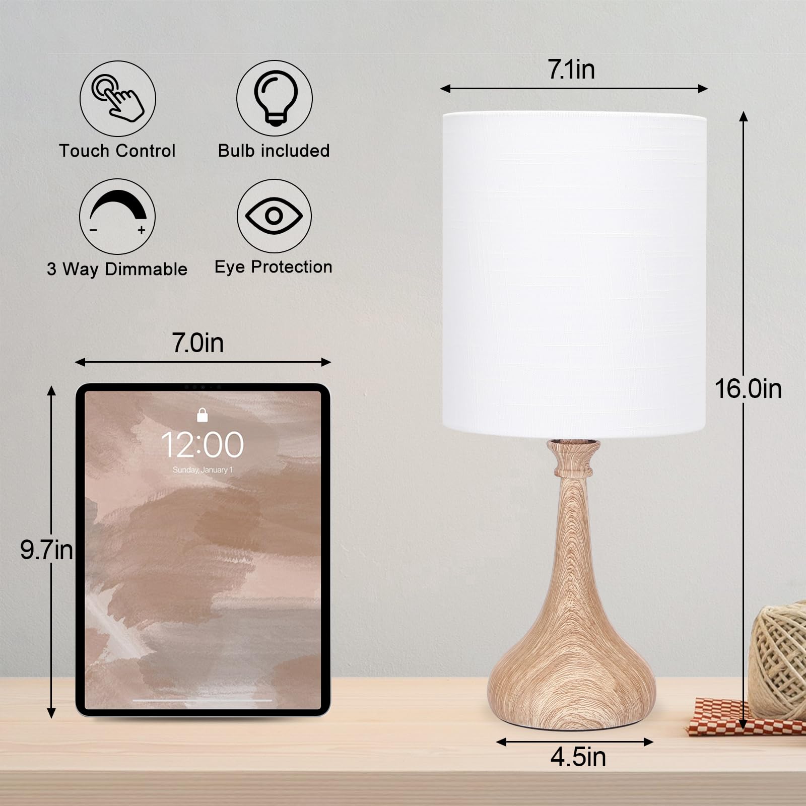 Dimmable Small Table Lamp, Bedside Lamps Touch Control For Bedrooms Nightstand With Wood Grain Base, Desk Lamp Night Light For O