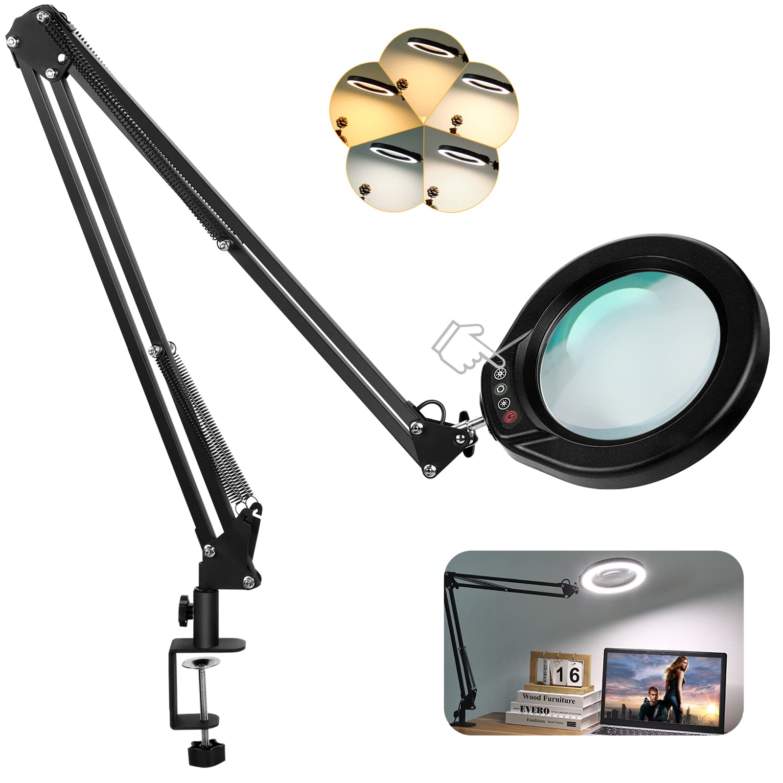 Veemagni 5 Inch Magnifying Glass With Light, 10X Magnifier, 5 Color Modes, Black, Model 5D8-018, Hands-Free Led Clamp Desk Lamp