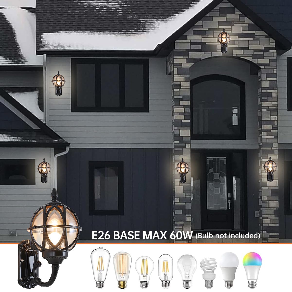 Ptoug 2Pack Outdoor Wall Lights, Anti-Rust & Waterproof Ip65 Outdoor Wall Lantern Victorian E26 Glass Porch Light, 12.6&quot; Black Exterior Lights For House,Garden,Garage,Yard