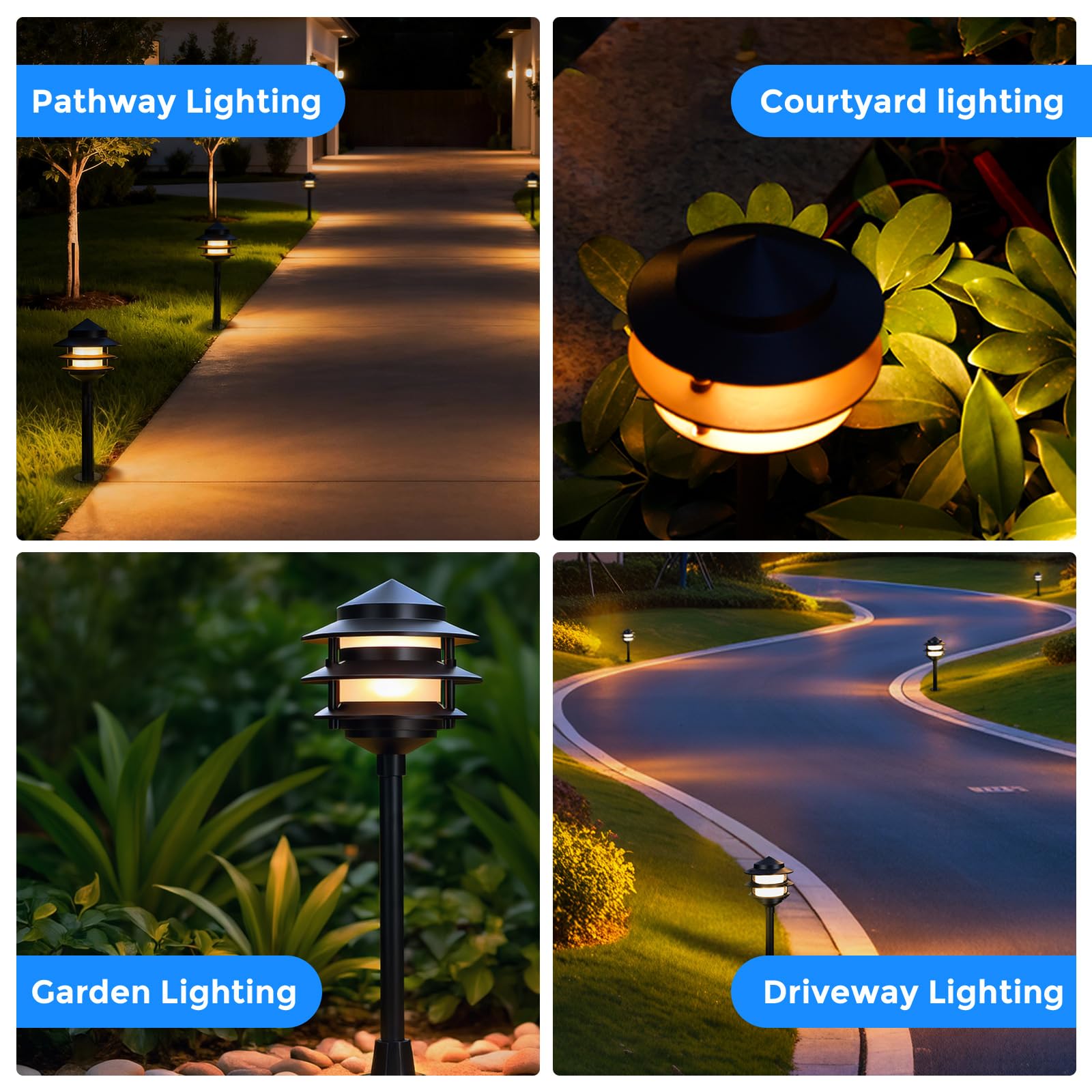 Gardencoin Low Voltage Landscape Pathway Lights, 12V LED, Aluminum, 3-Tier Lantern, Black, 6 Pack, Model APC-9307-B