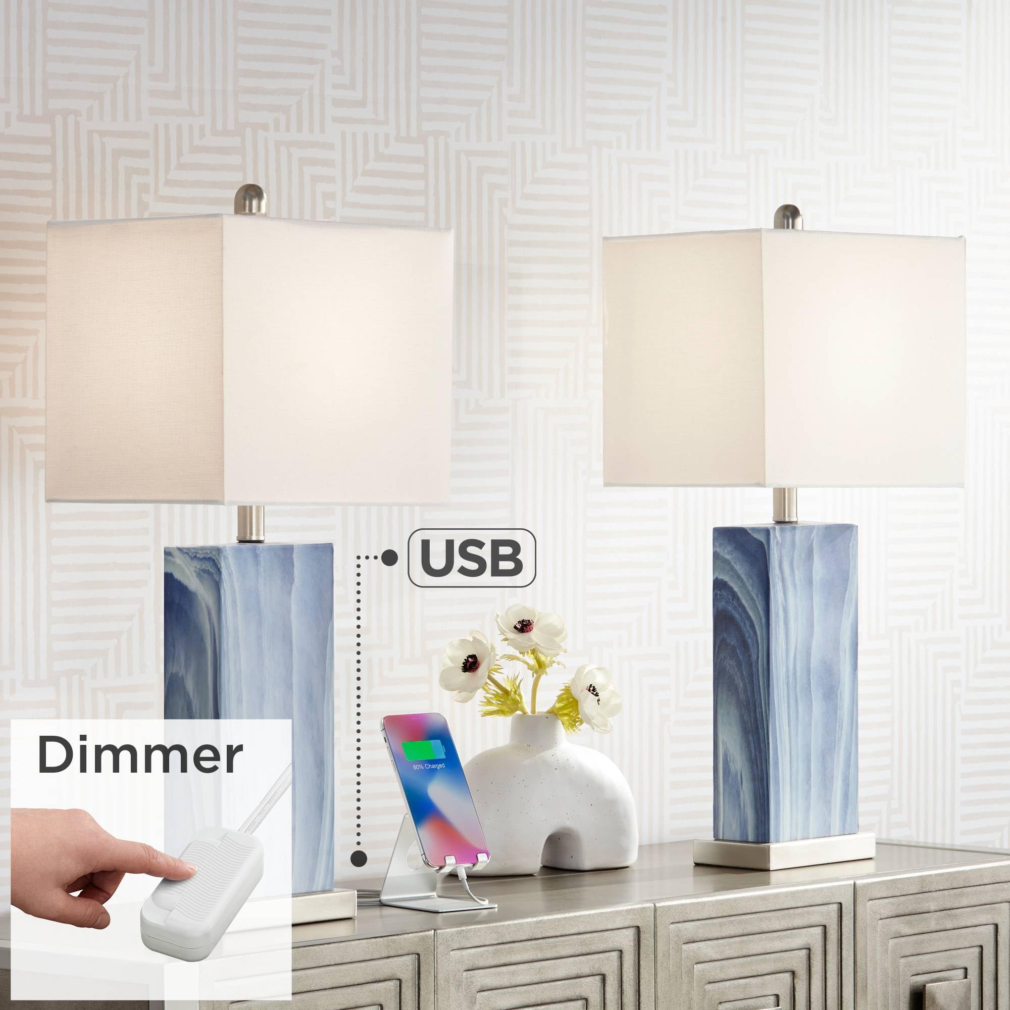 360 Lighting Connie Modern Table Lamps 25'' Tall Set Of 2 With Usb Charging Ports Dimmers Blue Faux Marble White Rectangular Sha